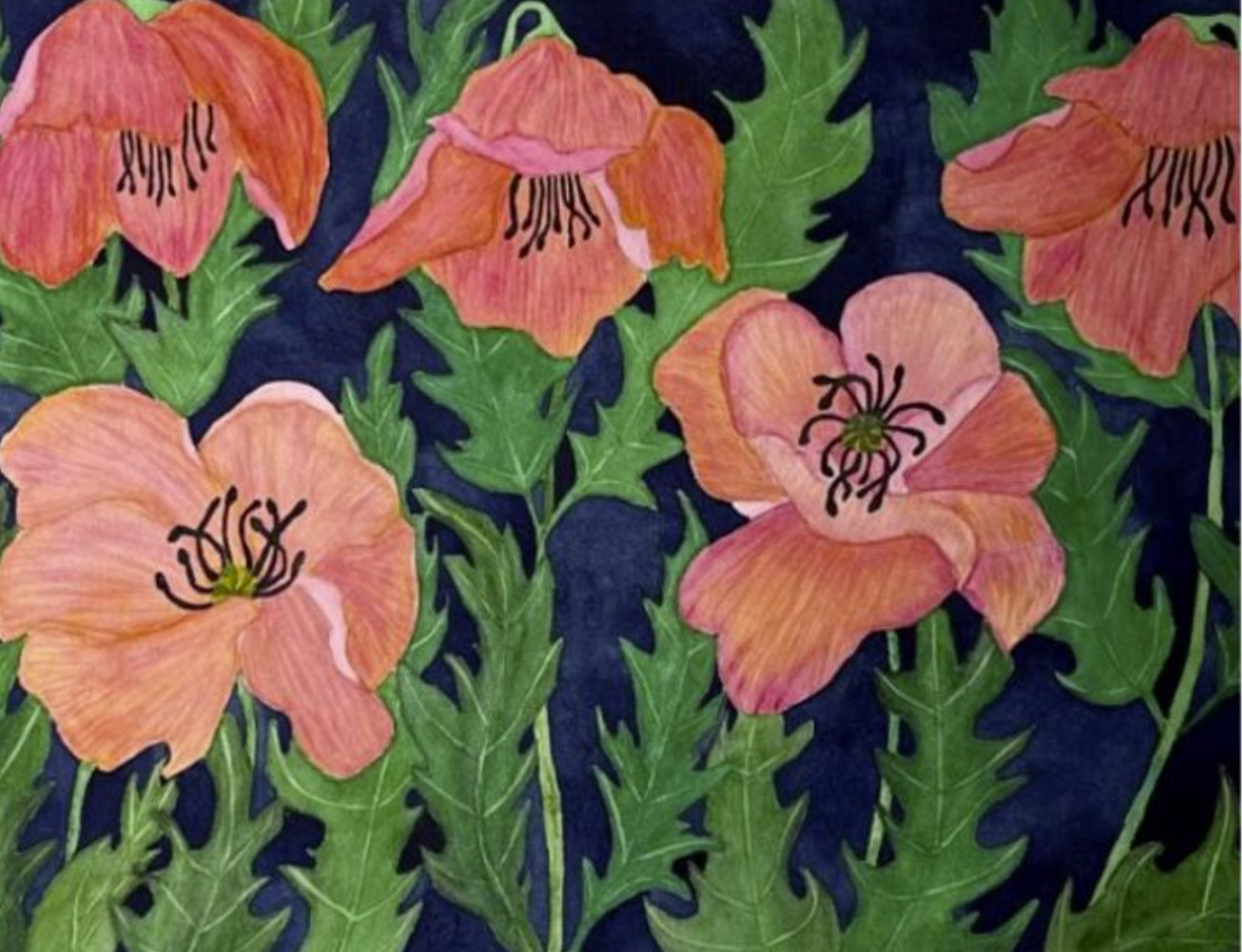 PAINTING WATERCOLOR 11X14 AND WHITE MAT 16X20 FLOWER POPPY PINK ORANGE ORIGINAL