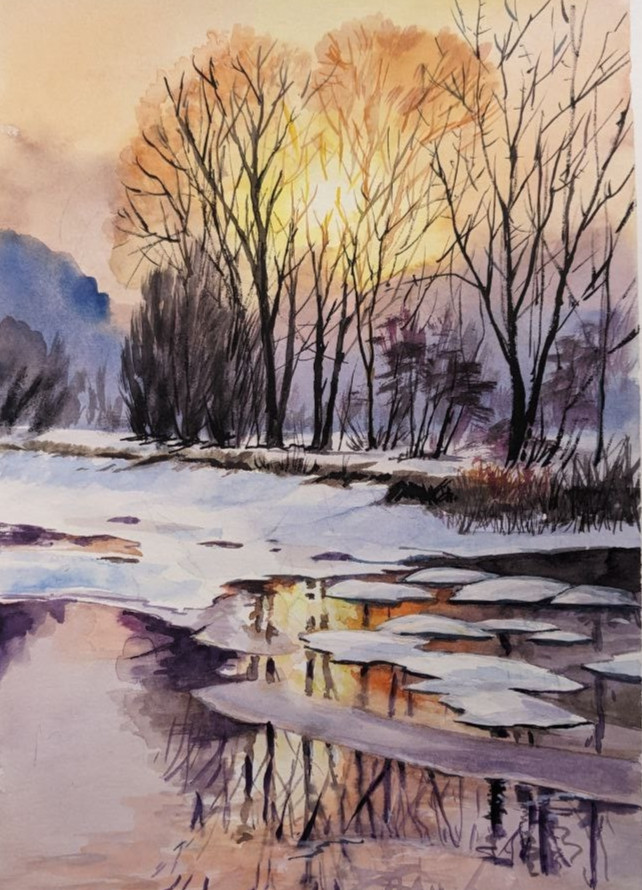 Winter Sunset Landscape Watercolor Painting Snowy Lake Ice Piver Original Art A4
