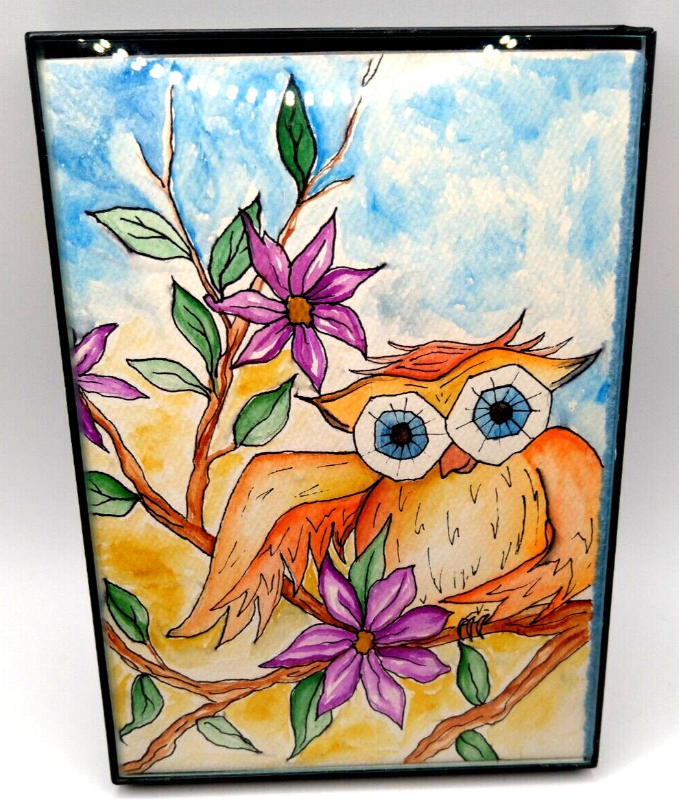 Fun Bright Owl Water Color Painting Ready to Hang BoHo Farmhouse Art Deco