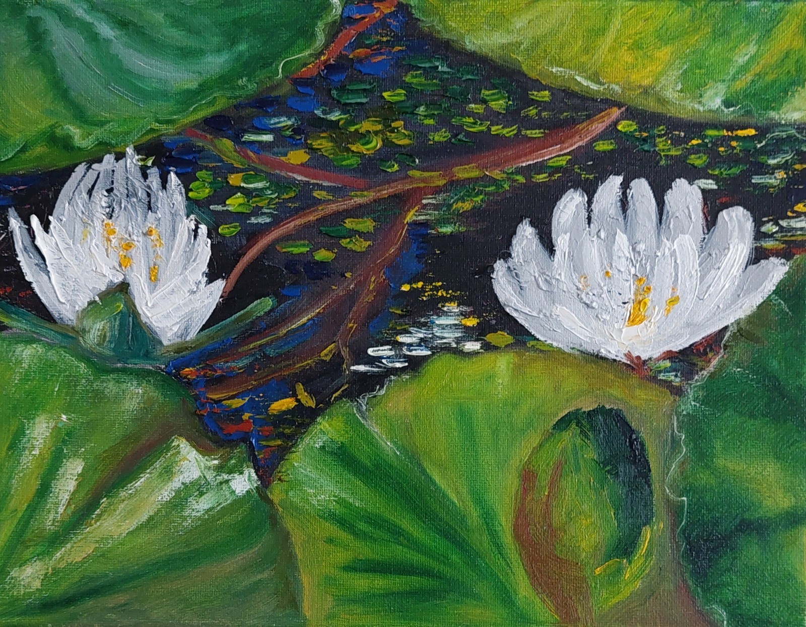 Oil original painting on canvas size 12×9 inches Waterlily pond