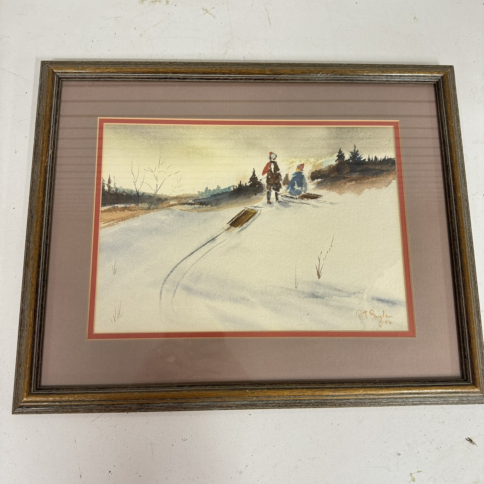 Vintage Wood Framed Original Watercolor Painting Sledding RT Boyle Winter – HLBN
