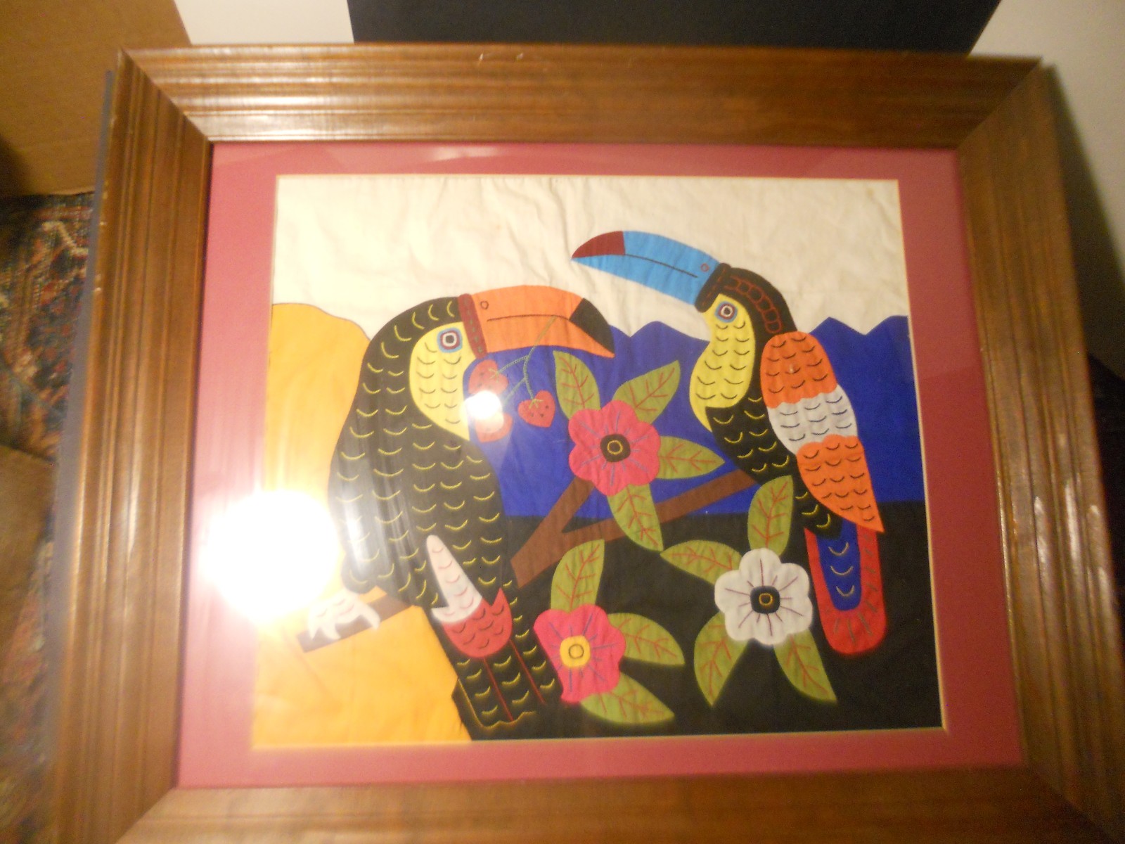 Vintage TOUCAN Parrot Bird Cloth Patchwork Picture Frame 1970s RETRO Mcm
