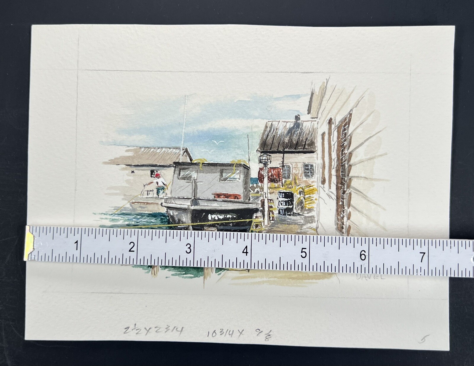 Watercolor Painting Fishing Boat Unloading Catch At Harbor 4×6″ Fine Art Davel