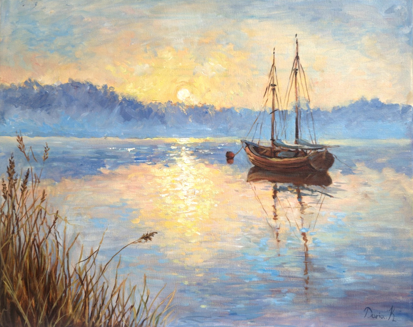 Original oil painting «Morning Serenity» – sailboat at dawn, seascape 40×50 cm