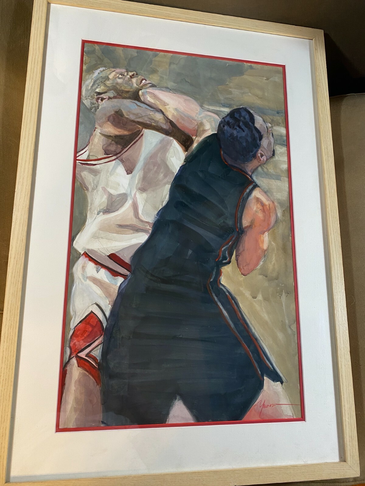 Rhoda Yanow «Two Basketball Players Scene» Pastel Painting – Signed And Framed