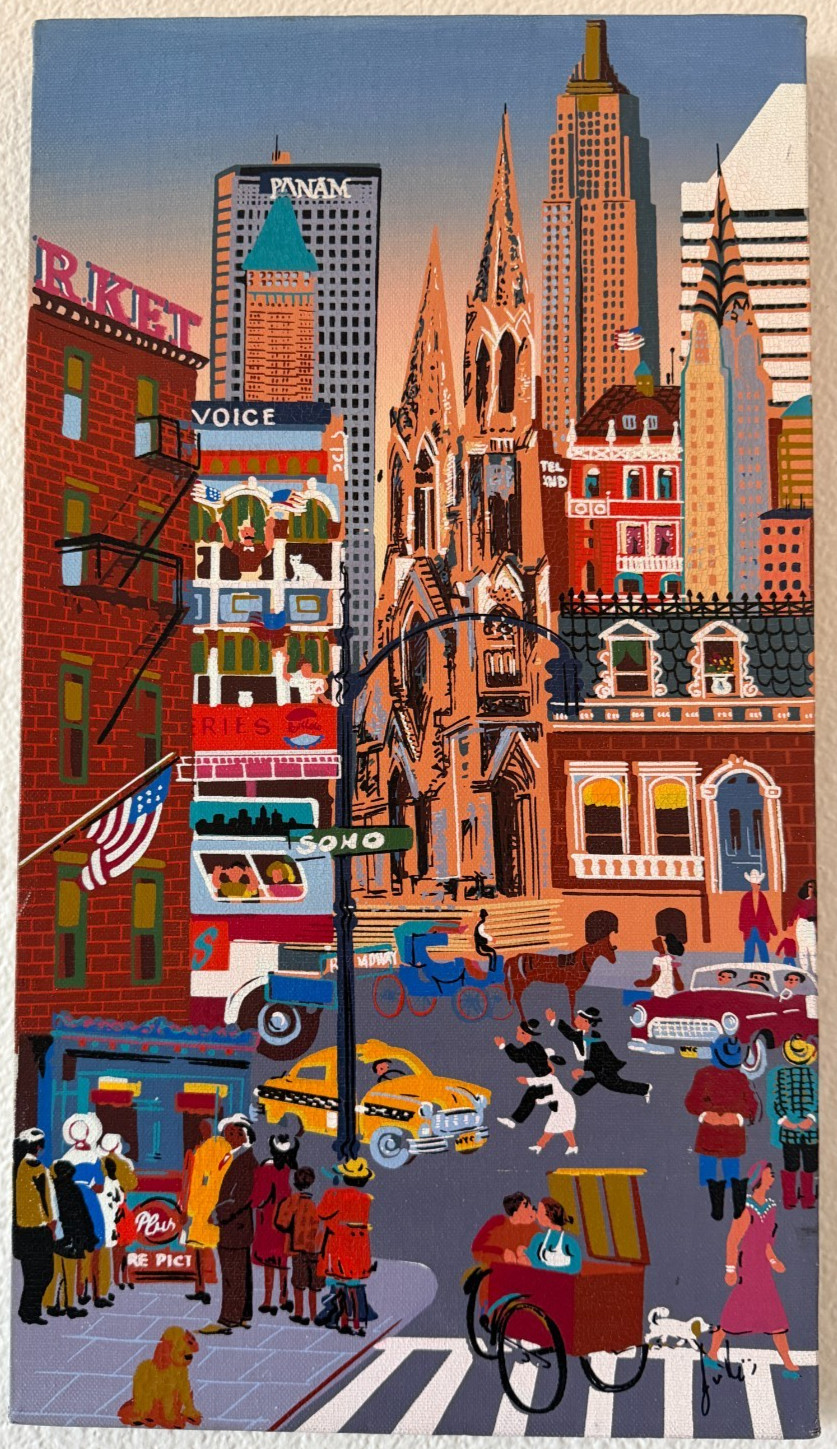 Vintage Mid Century NYC Oil Painting Folk Art Signed New York City Canvas MCM