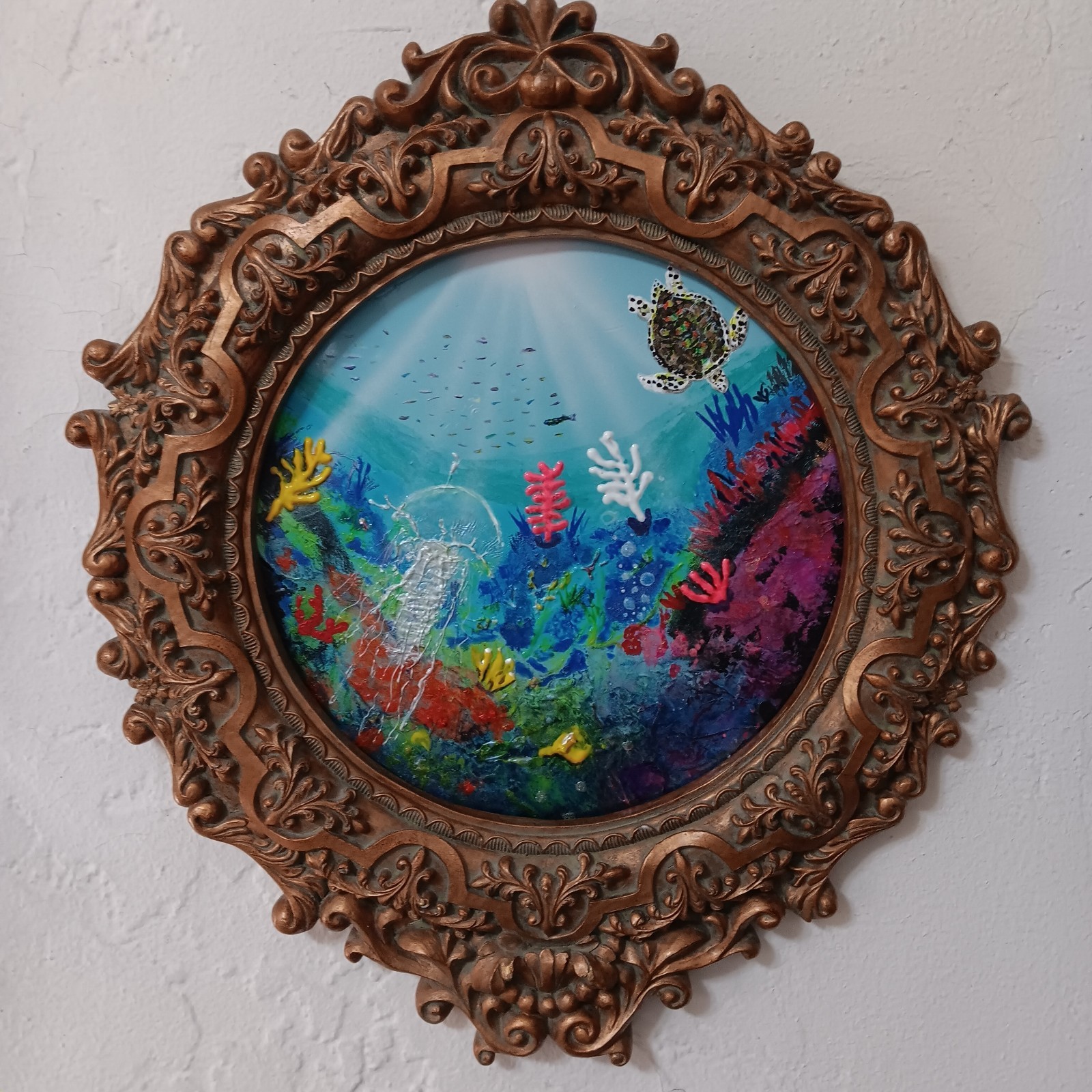 NEW LOWER $$ OOAK Steampunk Surrealist Painting on an ornate 12″ Round Mirror