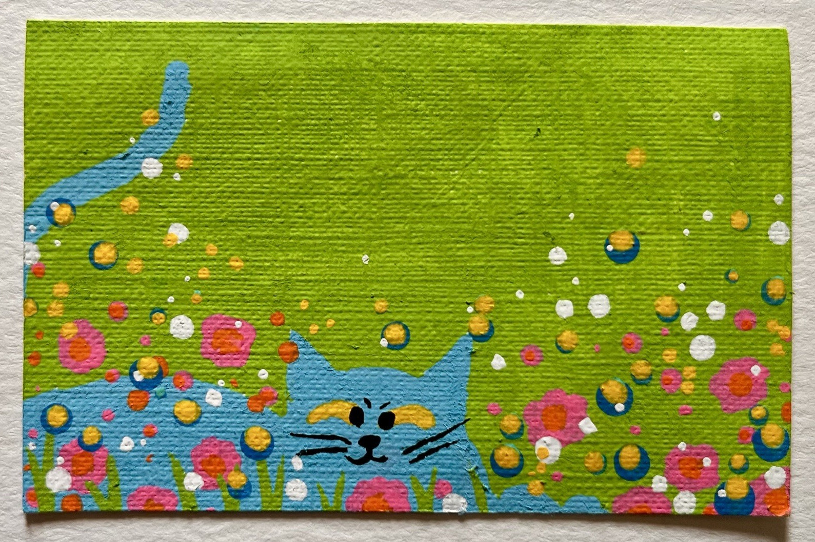 ACEO original painting blue cat in flowers 2.5in x 3.5in