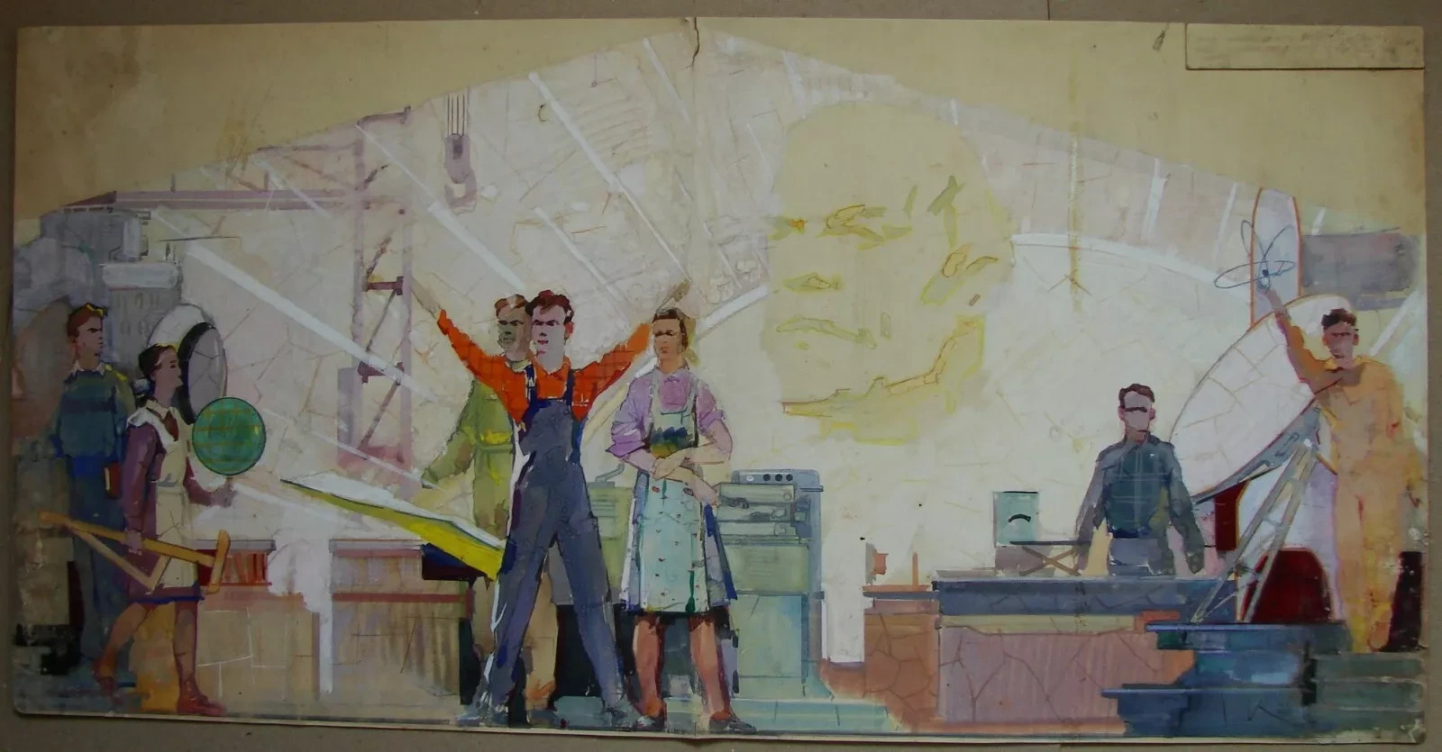 Ukrainian Soviet monumental painting sketch progressive young workers girl atom
