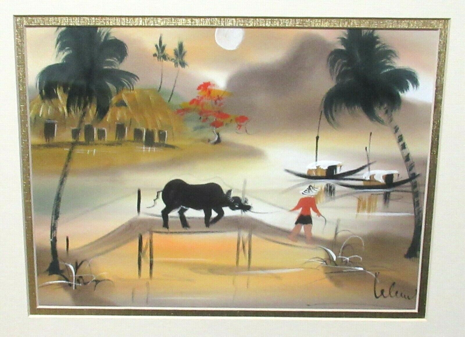 VIETNAMESE PEOPLE WATER BUFFALO ON BRIDGE WATERCOLOR ON SILK PAINTING SIGNED