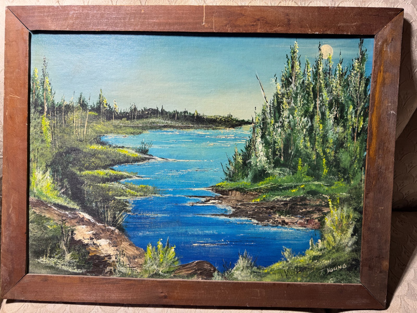 Vintage T Young «River Landscape Scene» Oil Painting -Signed And Framed