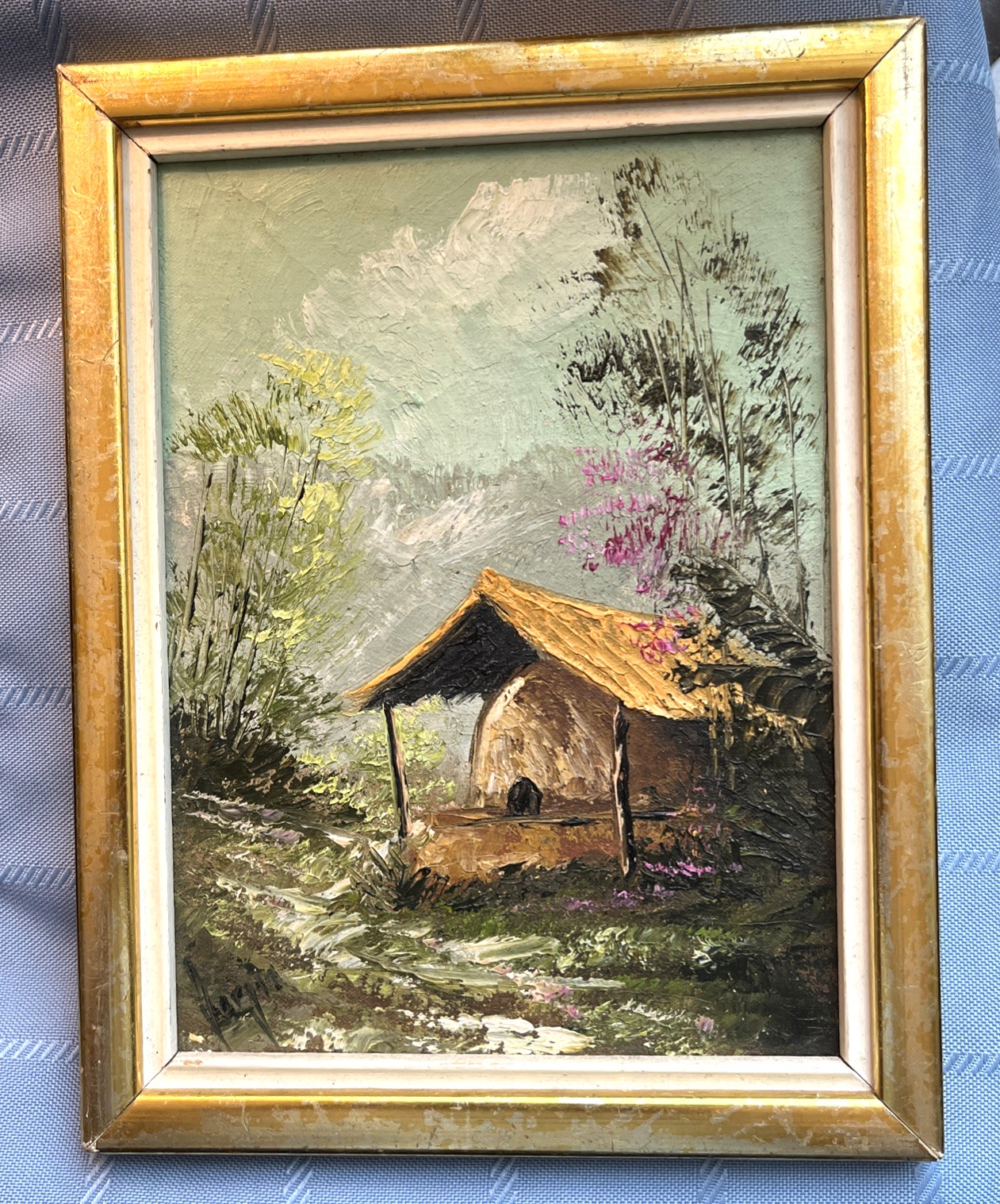 Vintage Original Oil Painting on Canvas Board Rustic Cottage Landscape Signed