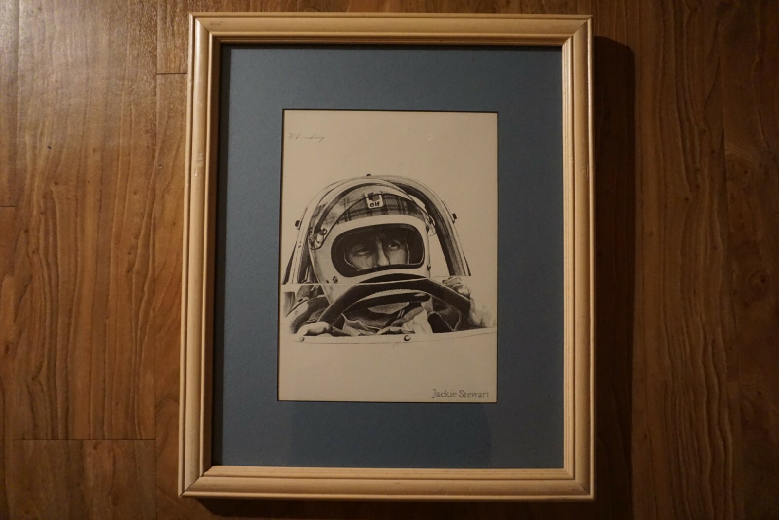 Exceptional Pencil Graphite Drawing of Jackie Stewart in Wooded Frame
