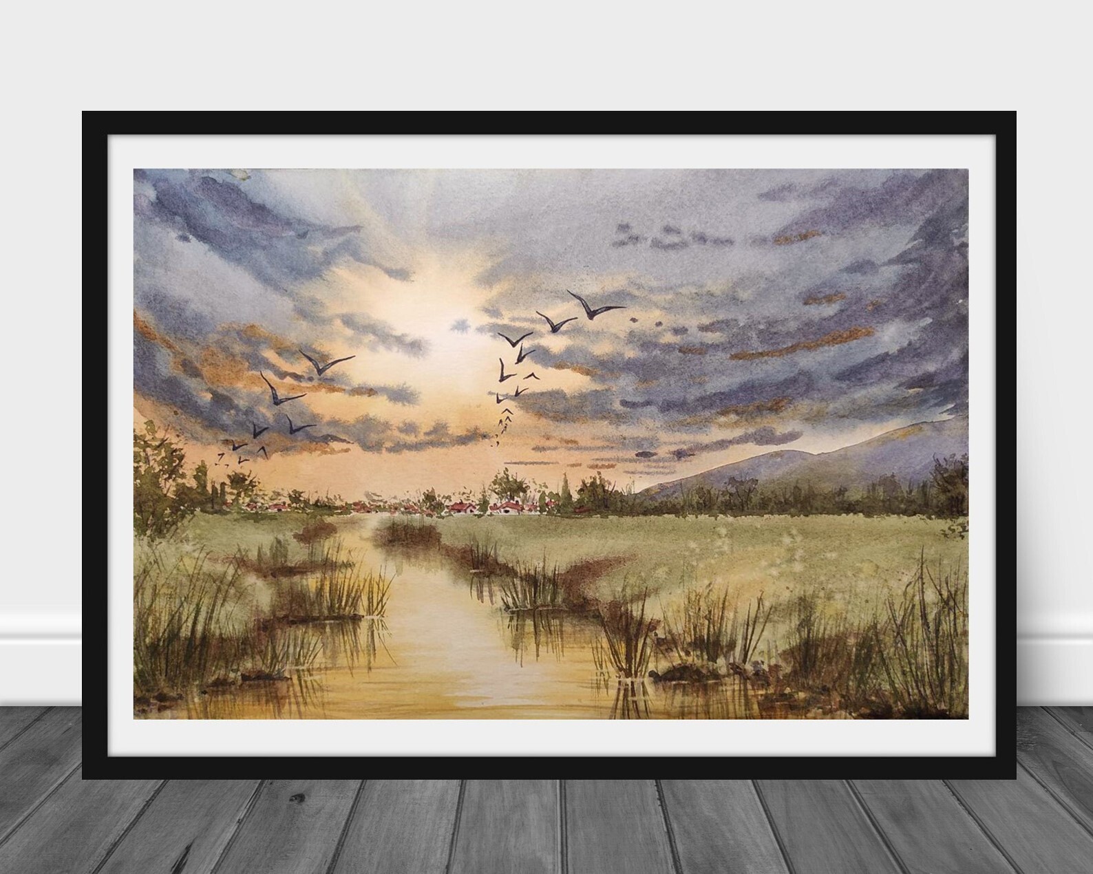 GEESE FLYING CLOUDY SKY Original Artwork Painting Landscape DUCKS FLY SUN GiftA4