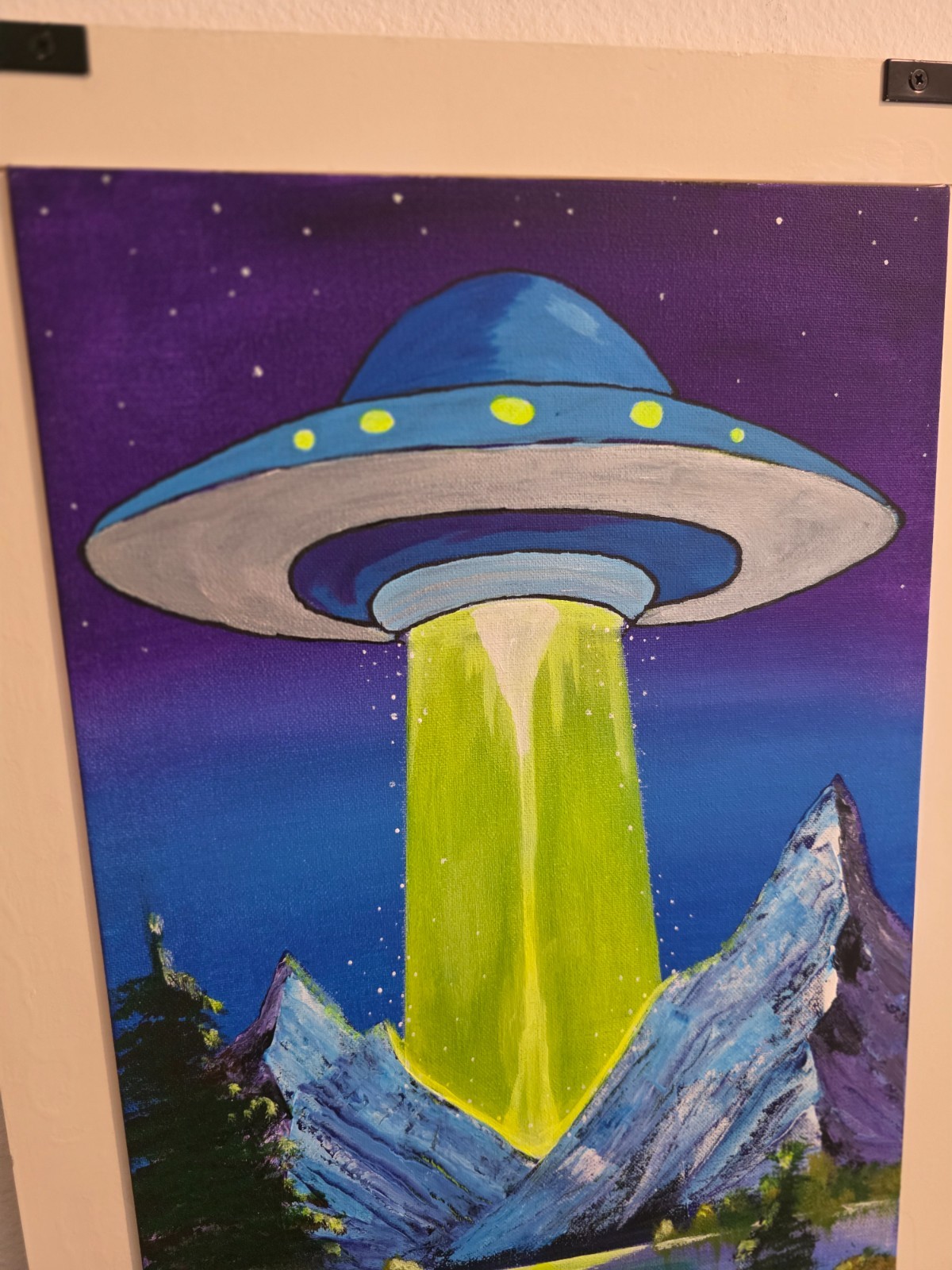 Original SciFi UFO Painting Acrylic Canvas Alien Wall Art 12×24