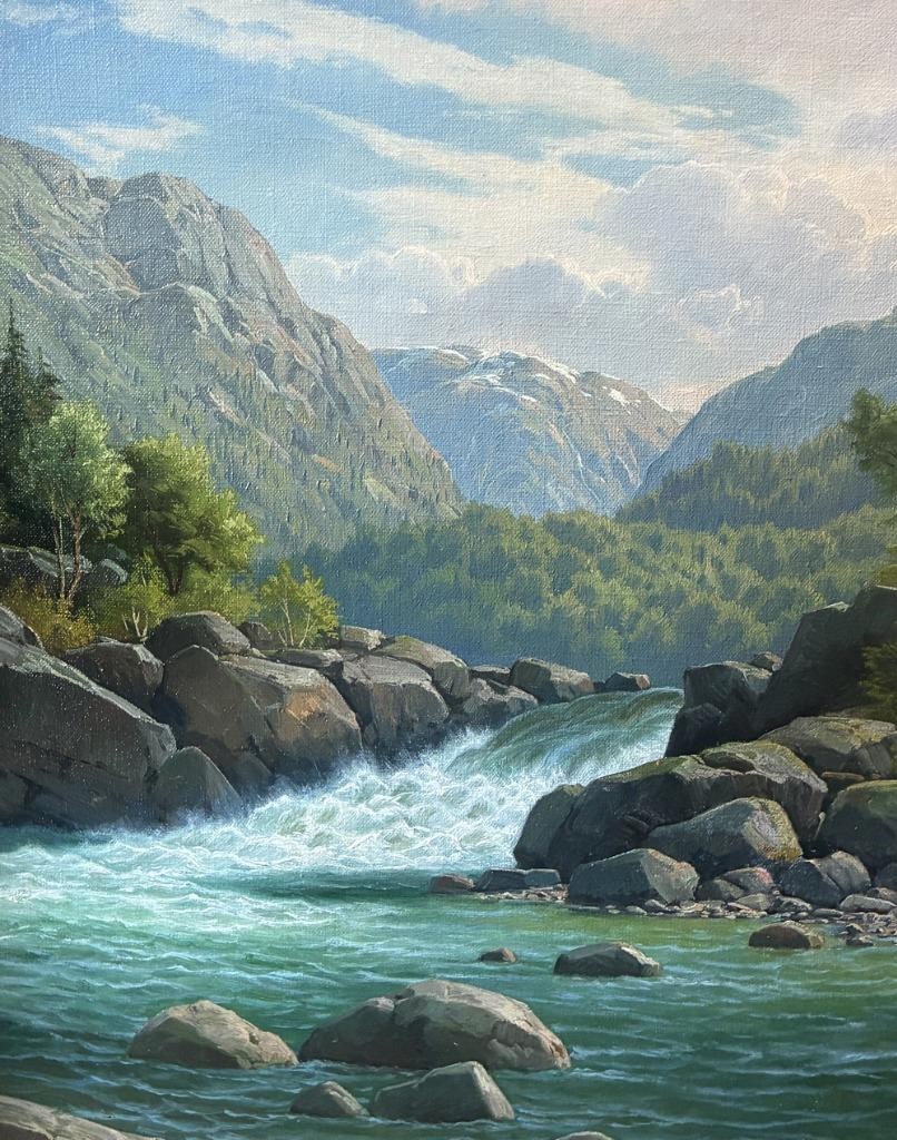 Svend Drews (1919) Norwegian Mountain Waterfall Landscape Oil .ca 1940s. COA