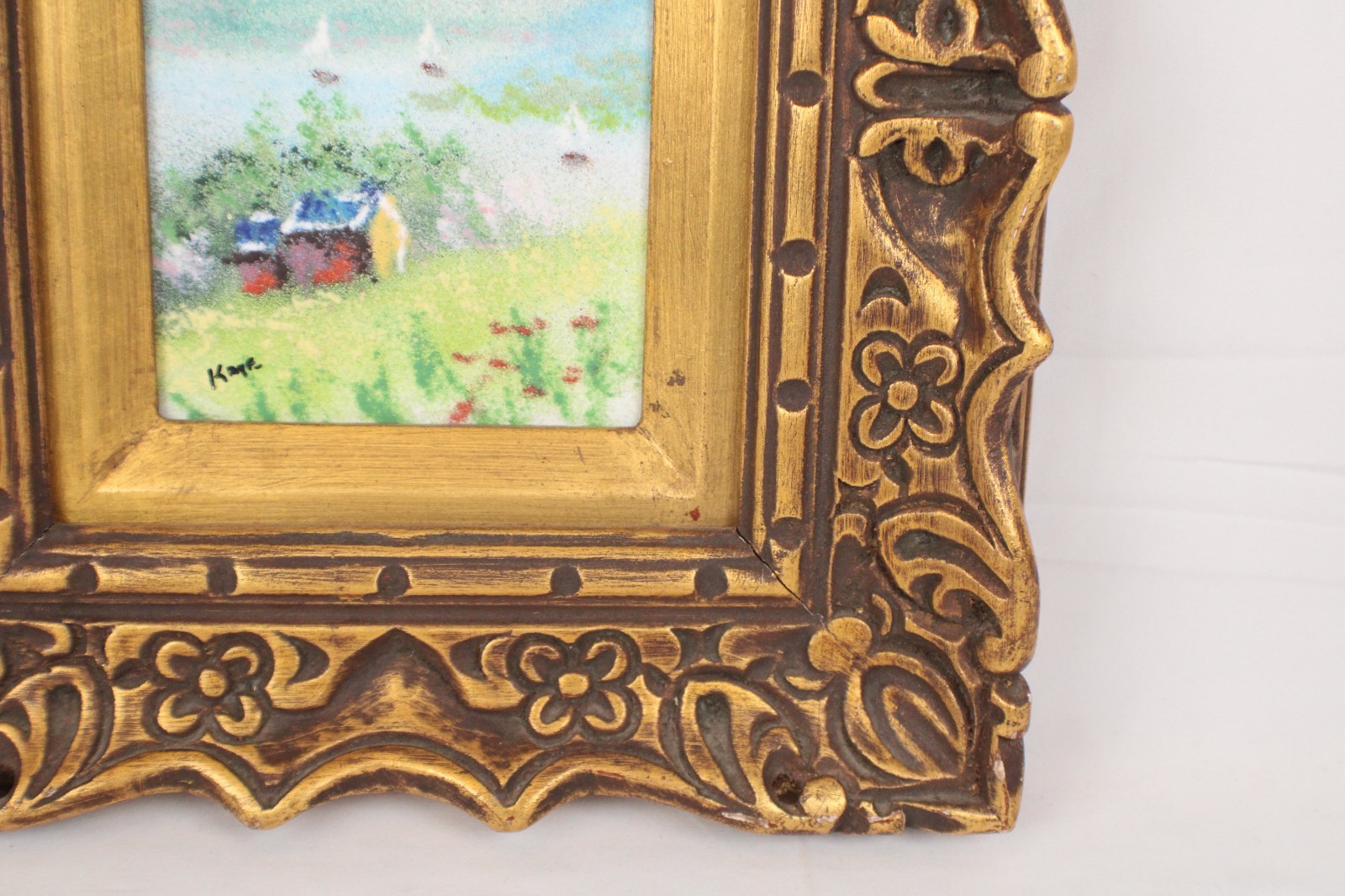 Vintage Farmhouse Landscape Enamel On Copper Painting Gilded Frame Signed Kaye