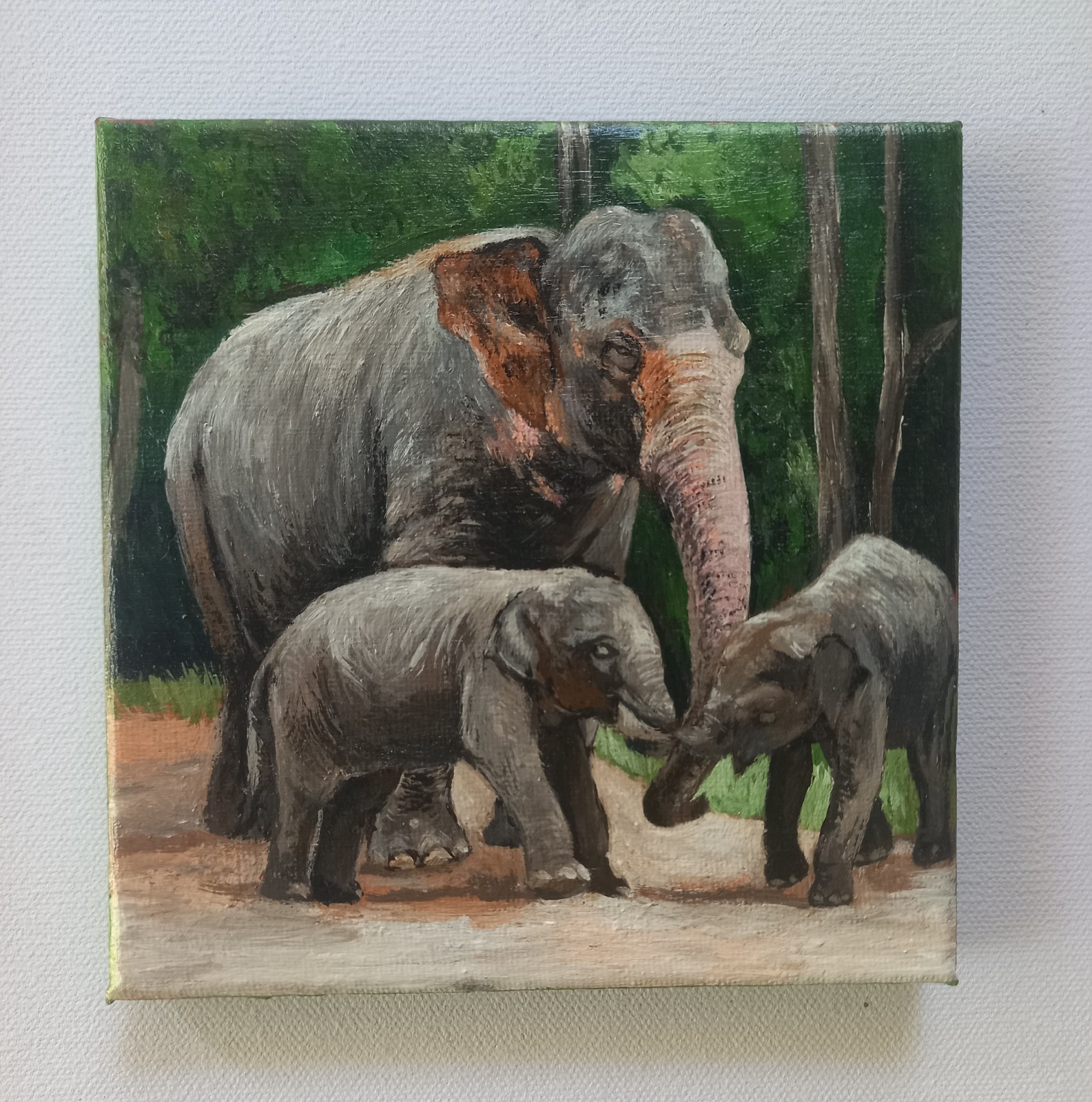 Original Handmade Canvas Art – Elephant Family (Mother with Two Baby Elephants)”