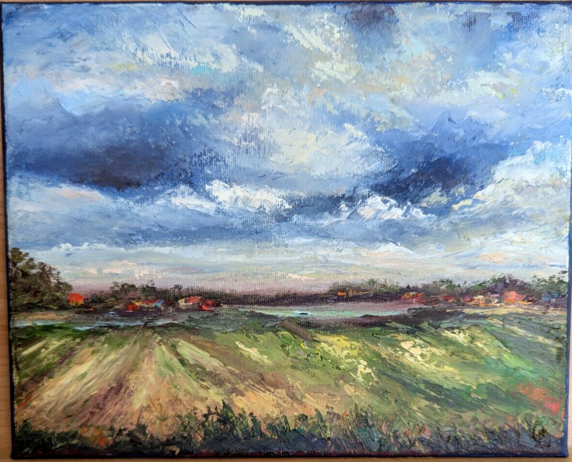 ORIGINAL OIL Painting CLOUDS STORM LANDSCAPE impasto 10″x 8″ by Olga Diduh.