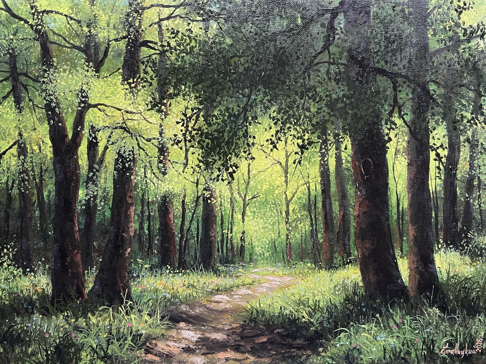 Original Forest Oil Painting, Summer Sunrise Woods Landscape, Green Trees Art