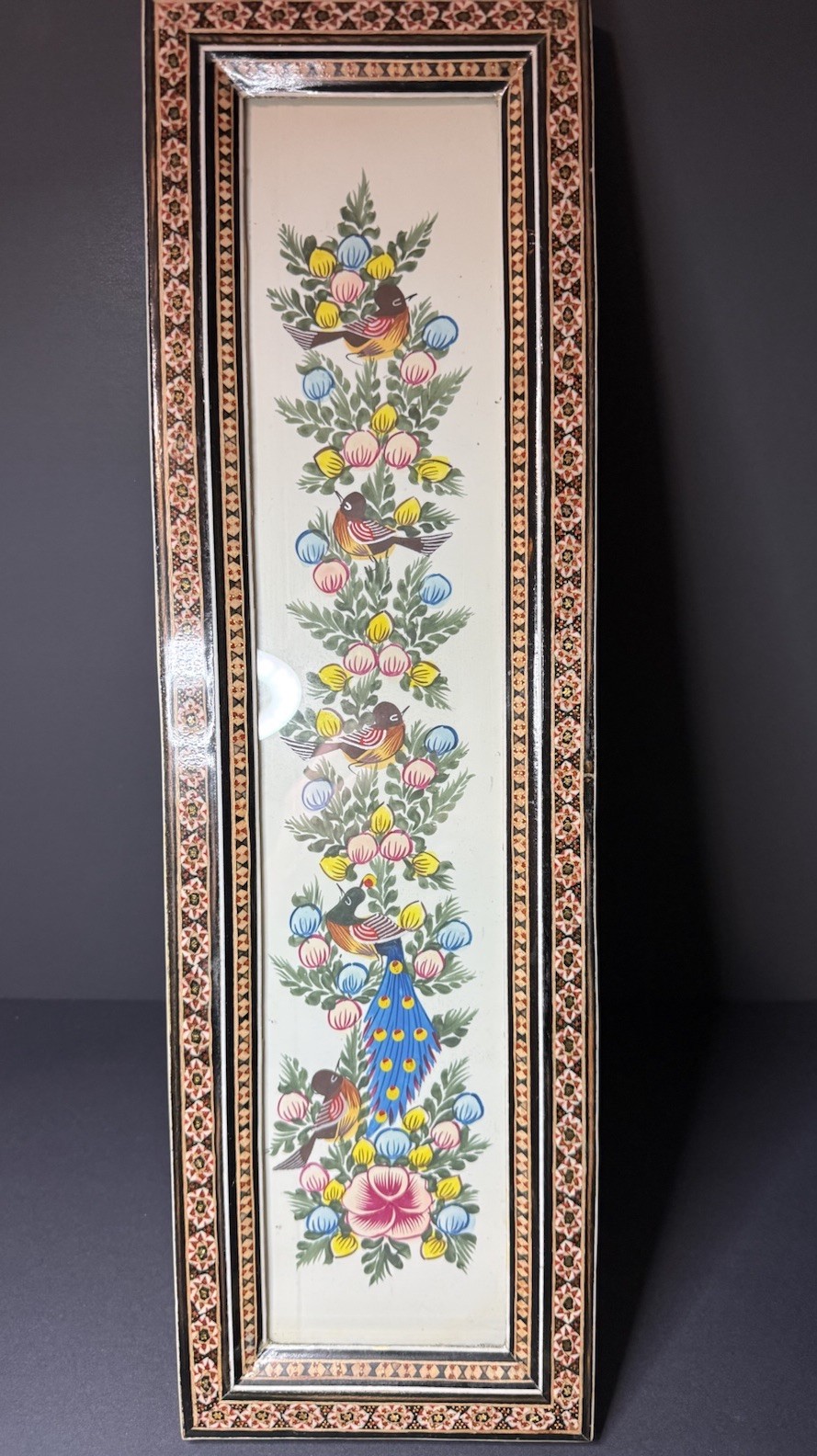 Vintage Peacock Birds Persian Iran Hand-Painting Inlay Khatam Mosaic Frame 20×6