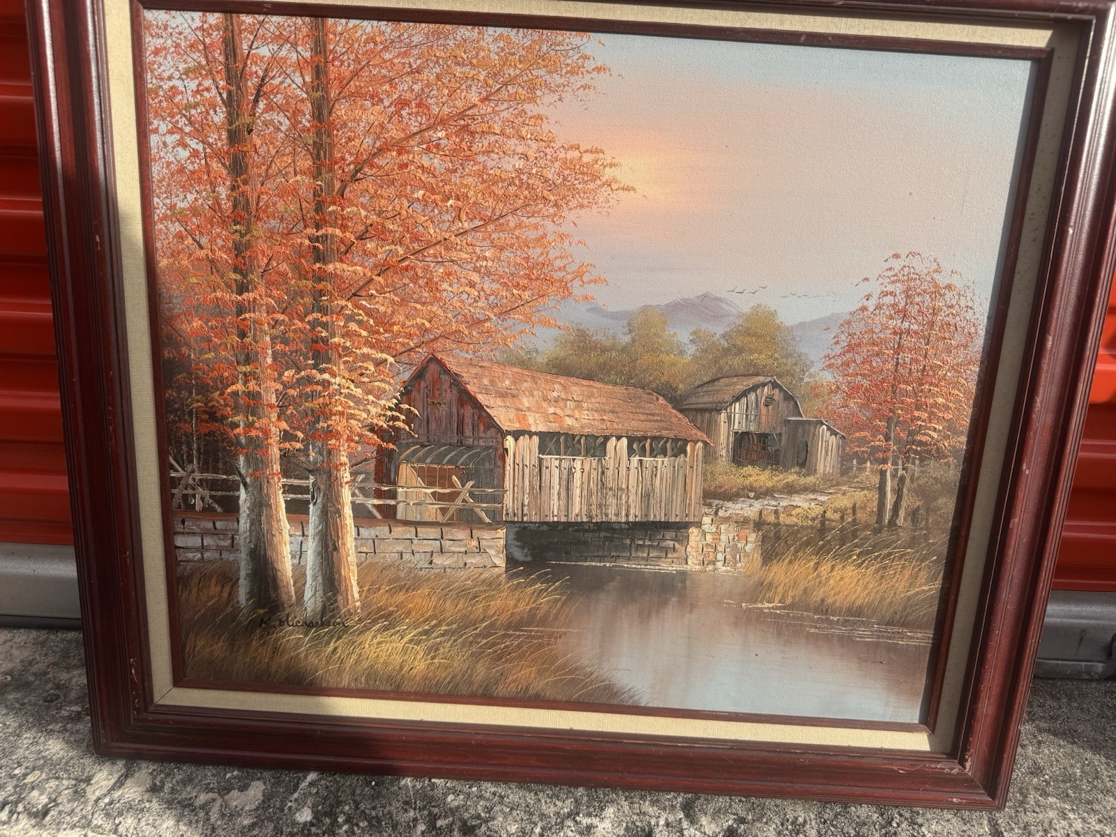 K Michaelson Fall Autumn Covered Bridge Landscape Oil Canvas Painting 25×29+» Fr