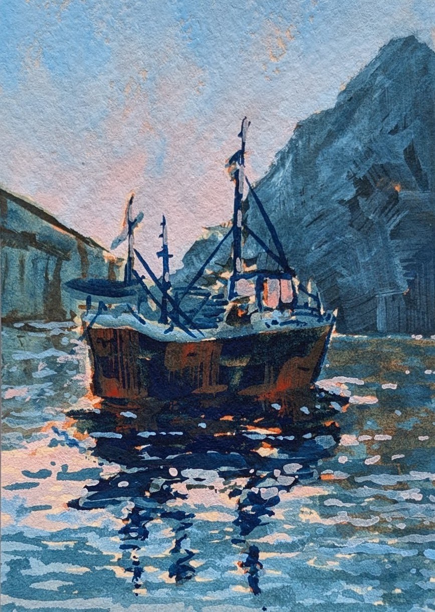 ACEO Print, Fishing Trawler Boat Mountain Ocean Harbor Sunrise, 2.5″ x 3.5″