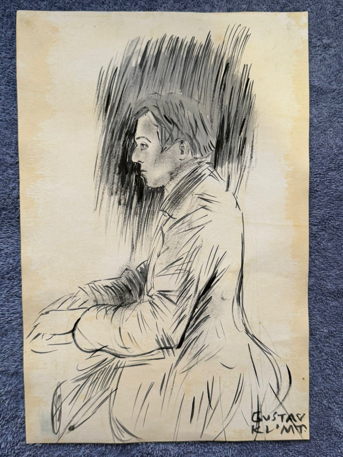 GUSTAV KLIMT drawing and painting on old paper signed stamped vintage