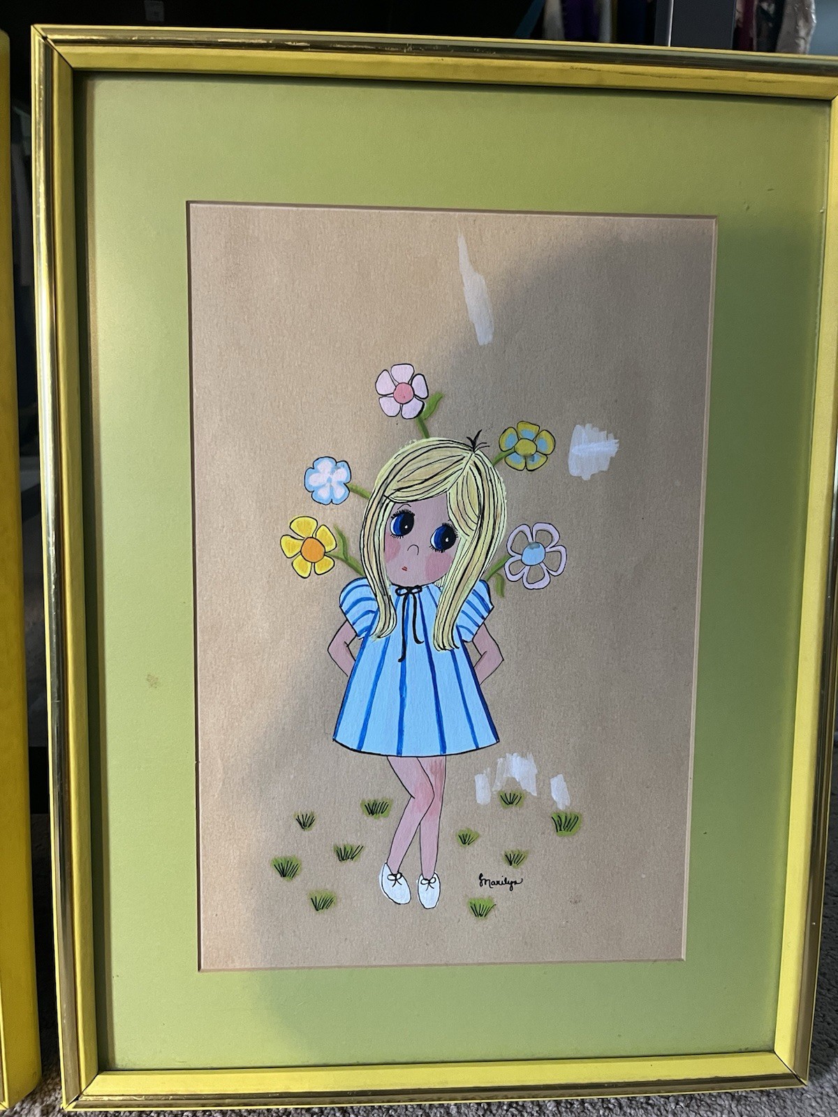 Vintage Pair Of Hand painted Big Eye Girl Wall Art Signed And Custom Framed