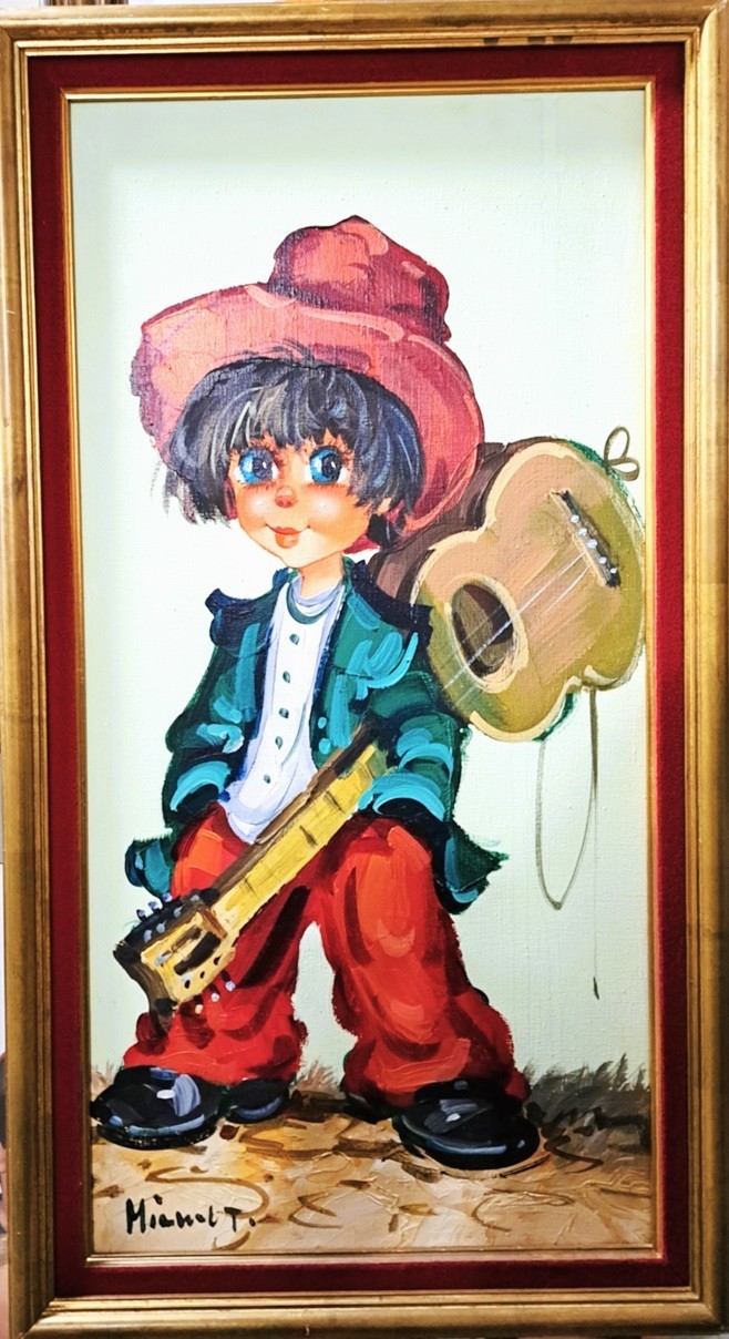 RARE!! Michel Thomas ORIGINAL Big Eye Boy With Guitar Oil on Canvas