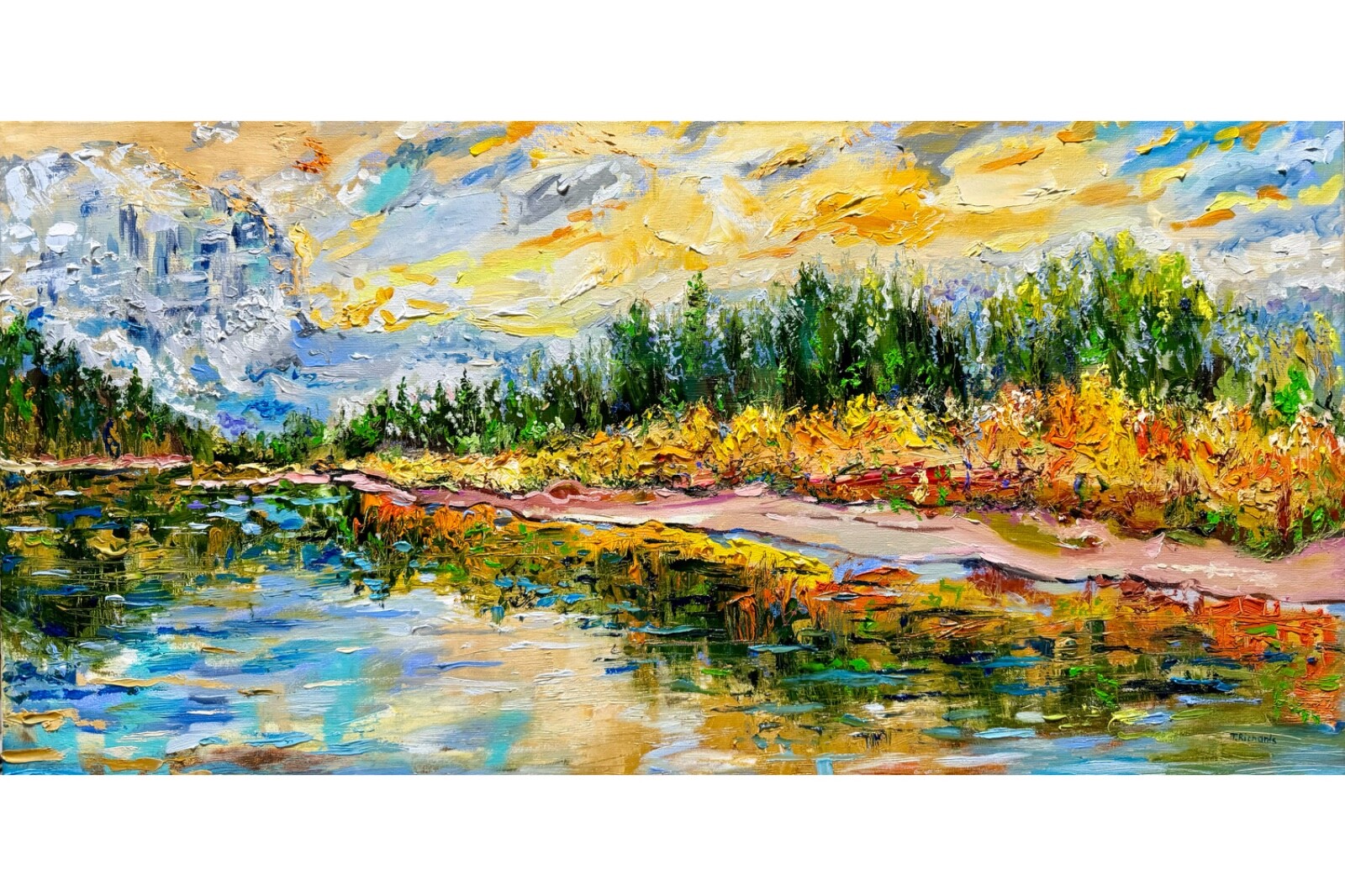 Oil painting Original art Canada Landscape Maligne Lake Mountain Forest 15×30”