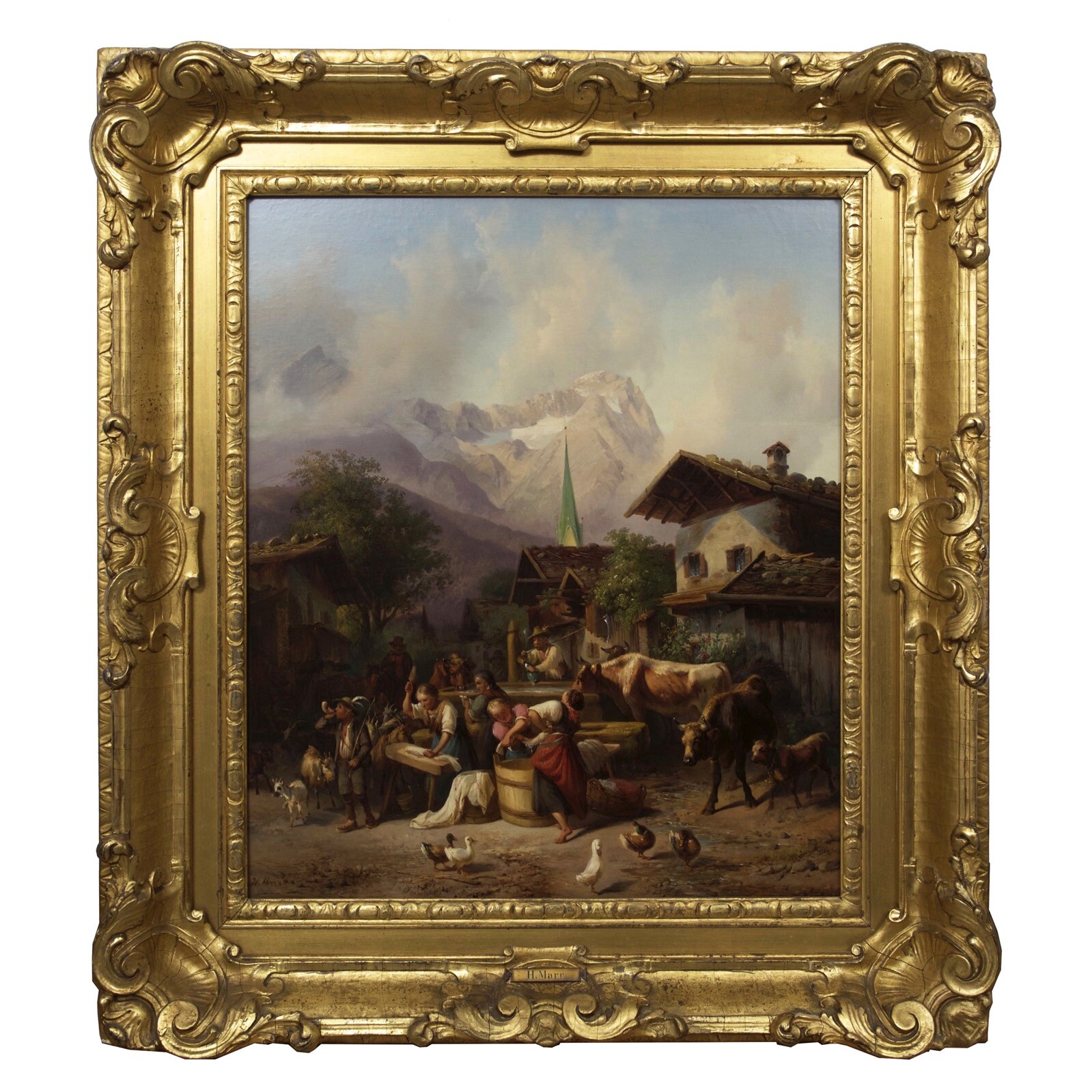 German Landscape Painting «An Alpine Village” by Joseph Heinrich Marr