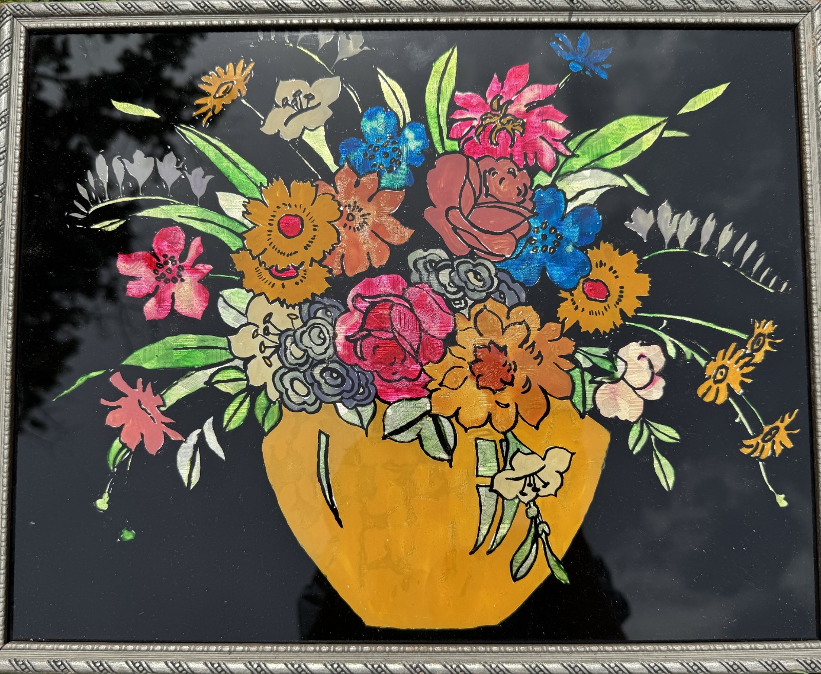 VINTAGE 1958 TINSEL REVERSE GLASS FRAMED PAINTING FLORAL BOUQUET FOLK ART NICE