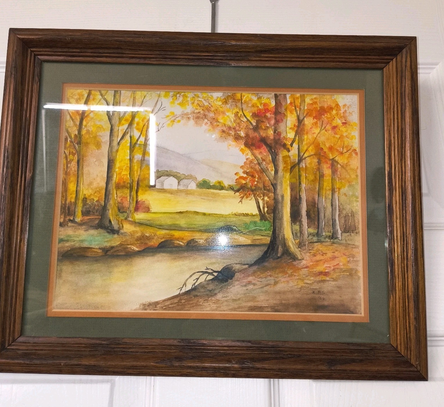 Original Watercolor Painting Autumn Fall River Wood Stream Scene Signed 1966