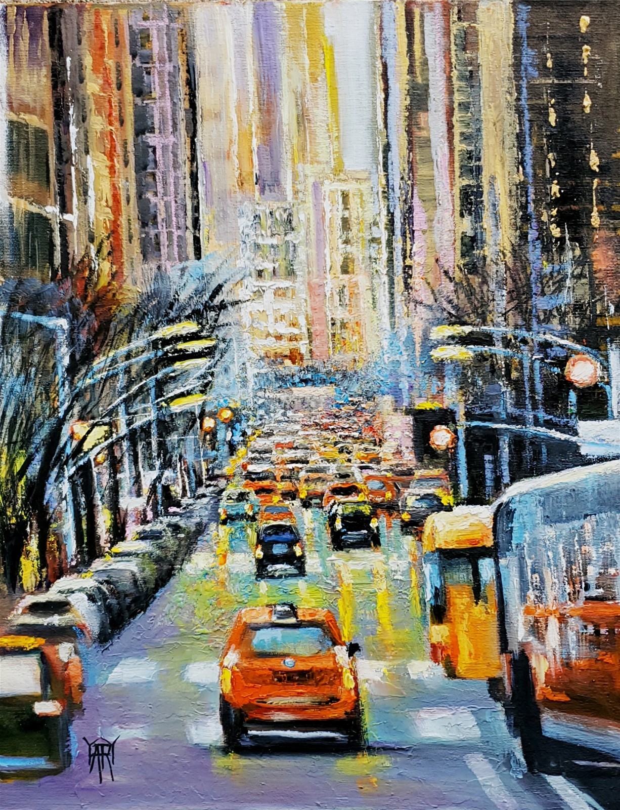 YARY DLUHOS New York City Street NYC Traffic People Lights Original Oil Painting