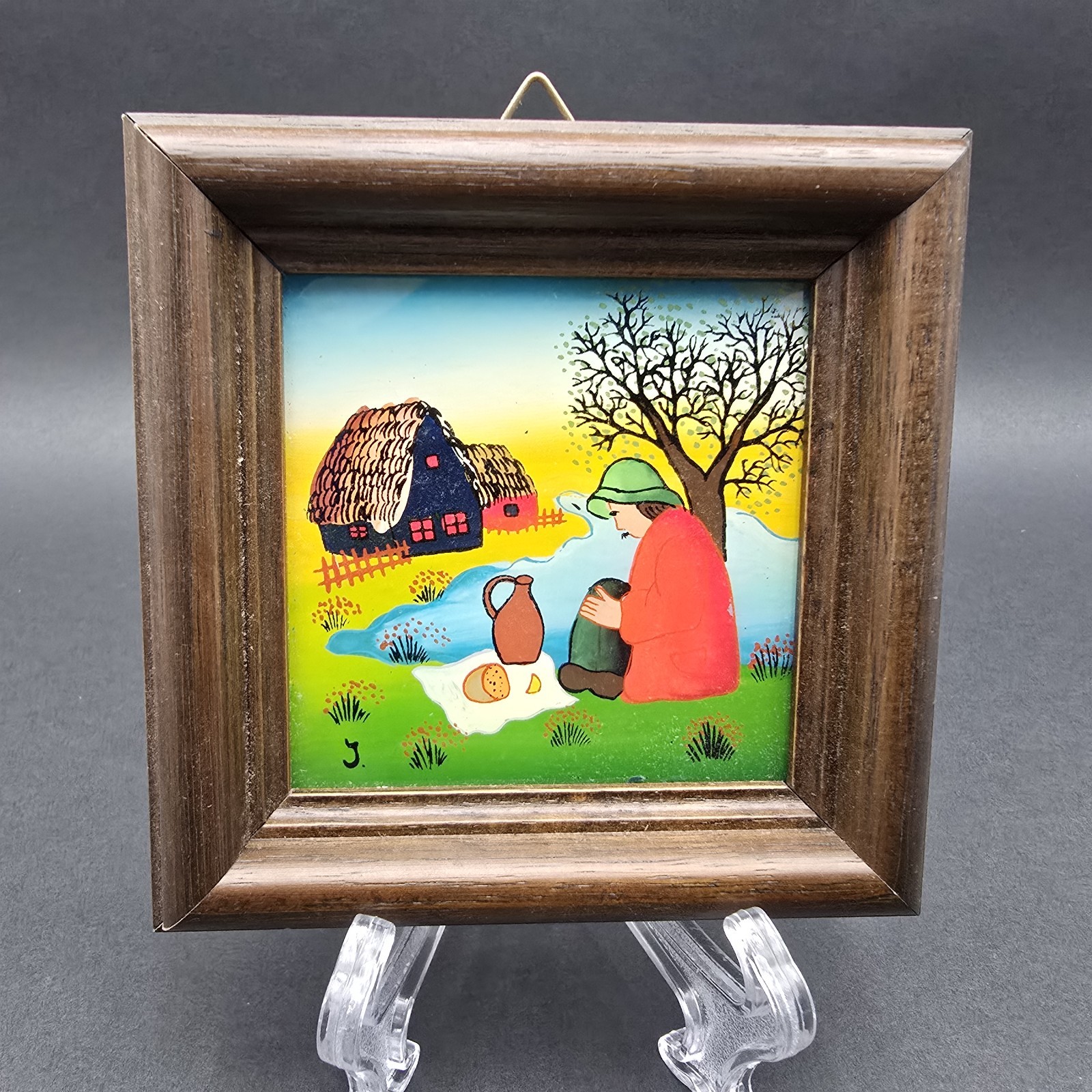 Reverse Painting on Glass Mini Vienna Art Workshops Farm Picnic 4.5″ Signed