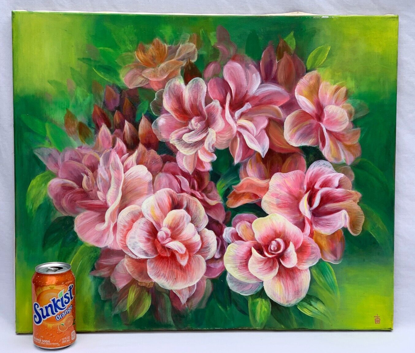 TROPICAL PINK FLOWERS OIL PAINTING ASIAN CHINESE JAPANESE SIGNED ORIGINAL FLORAL