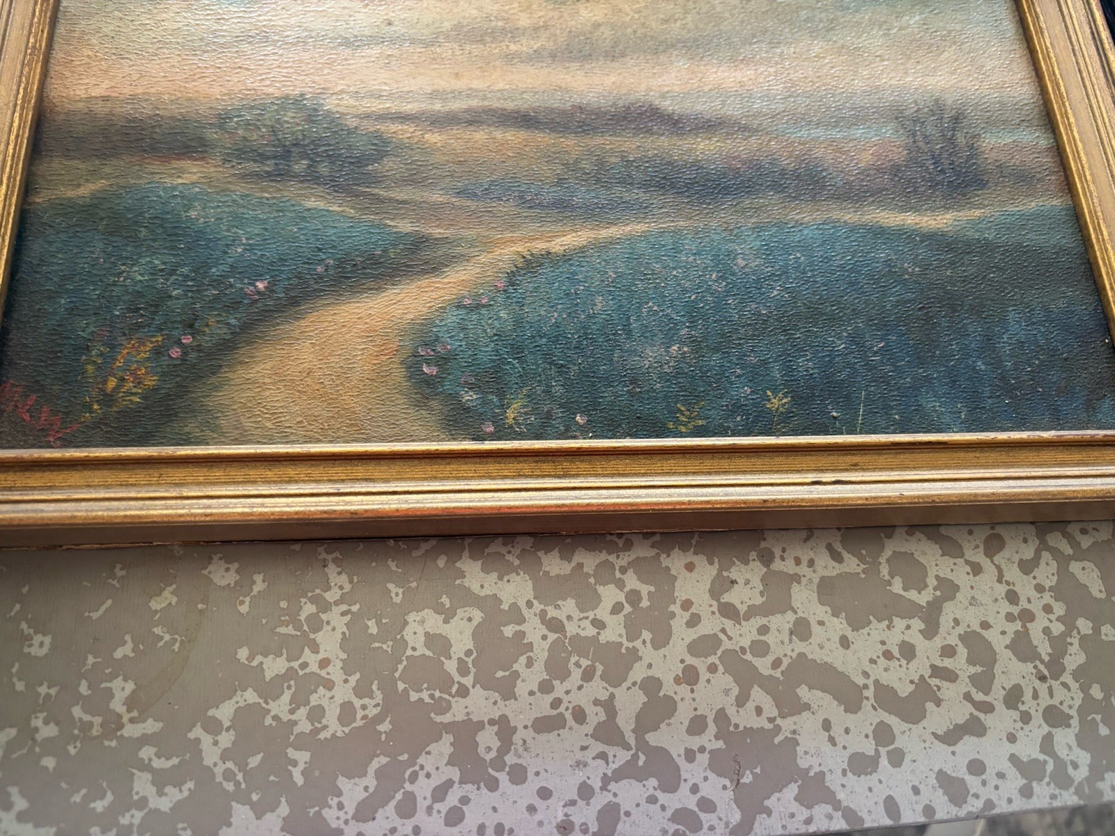 Impressionist Framed Landscape Path Field Trees Sky Painting on board