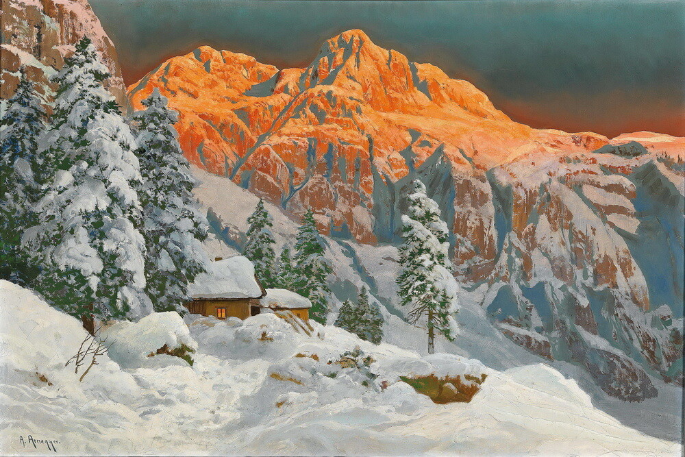 Art Giclee Oil Painting Mountain in Winter Giclee