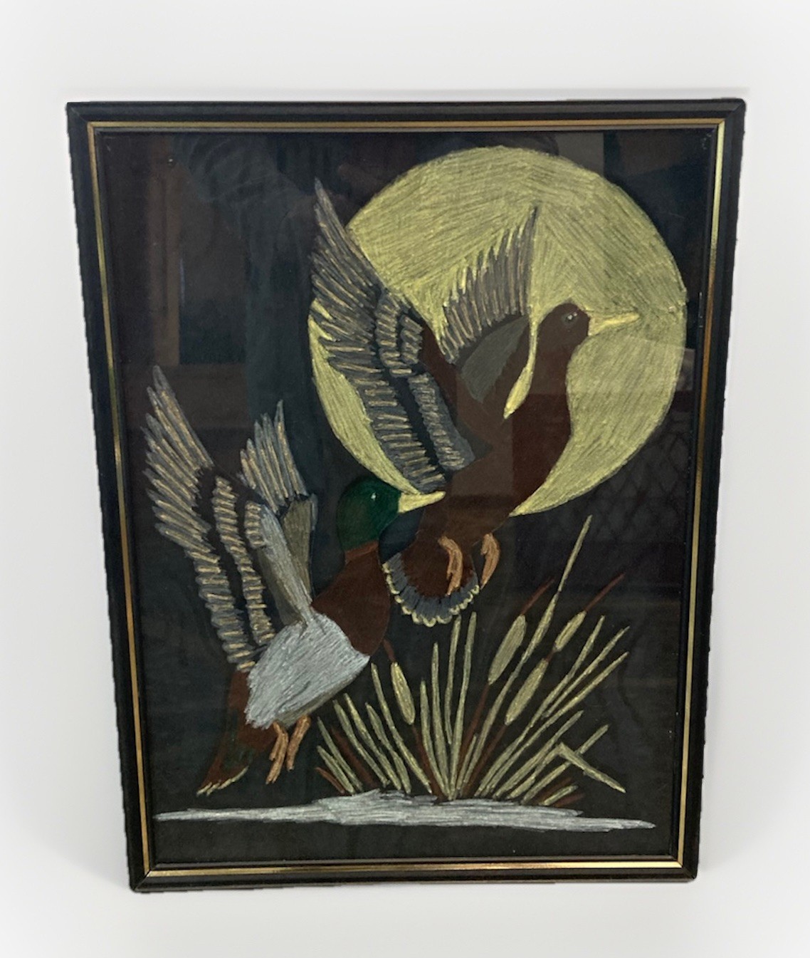 1960s Vtg Ducks Painting on Black Velvet Artwork Mallards Flying Sun Moon Retro