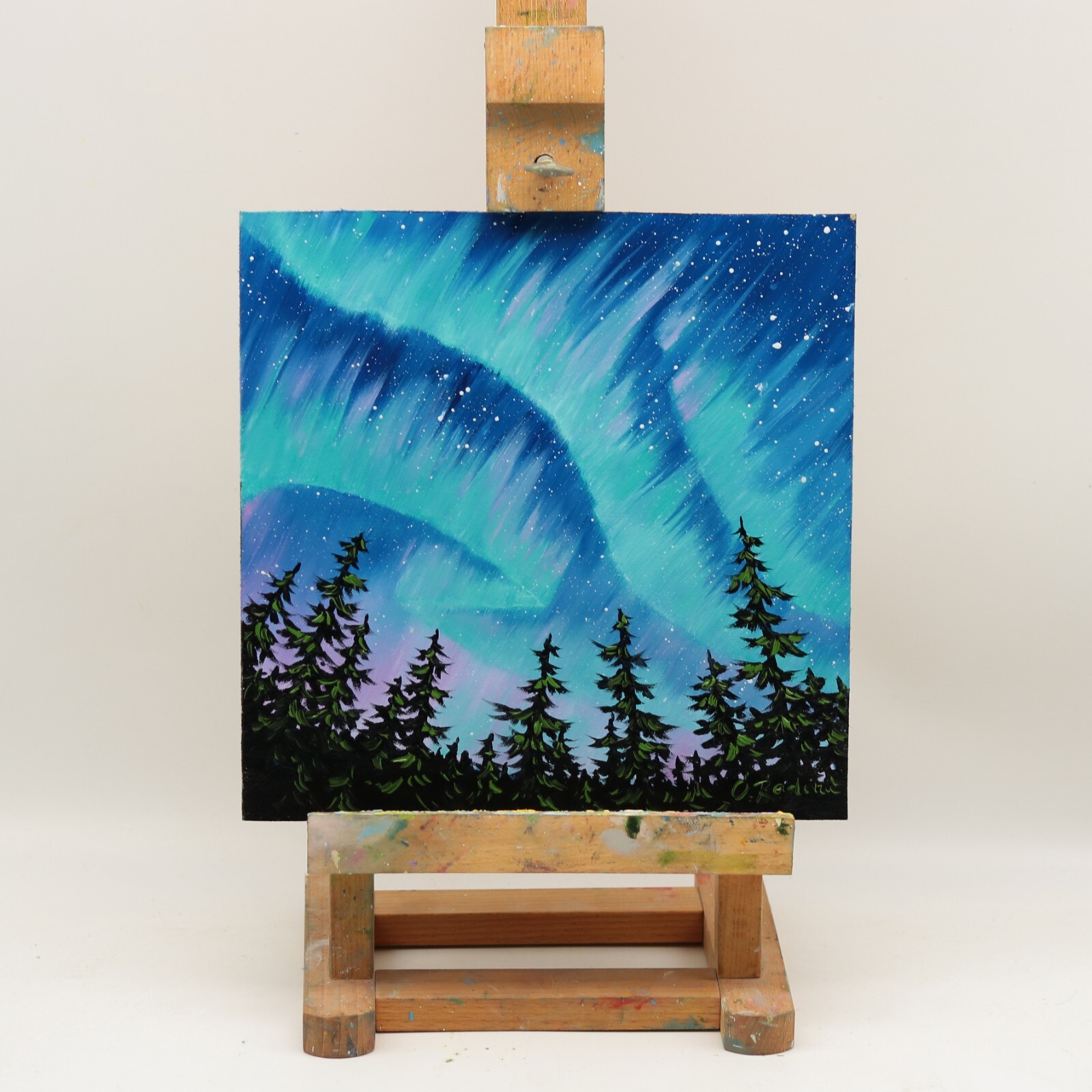 Northern Lights Oil Painting Original Pine Trees Under Aurora Borealis Night 8×8