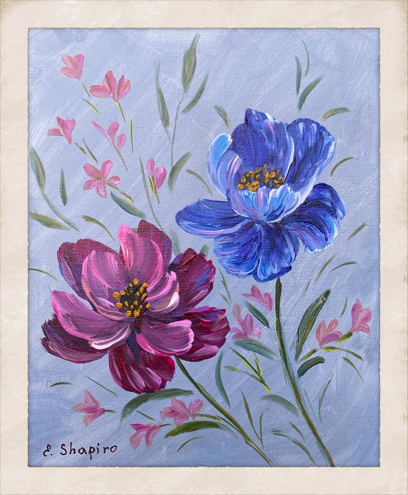 Cosmea Acrylic Painting Pink Blue Flowers Wall Art 8×10 Floral Wall Decor