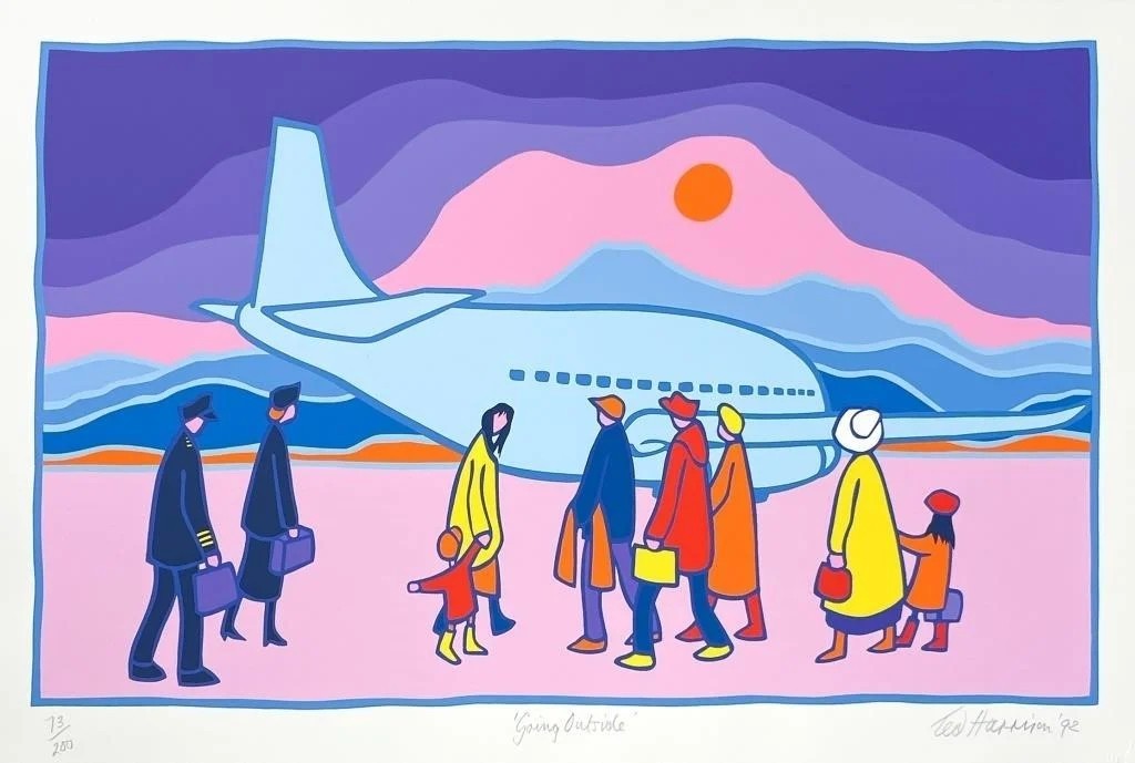 Ted Harrison, Canadian, «Going Outside» 10 x 18 signed in pencil