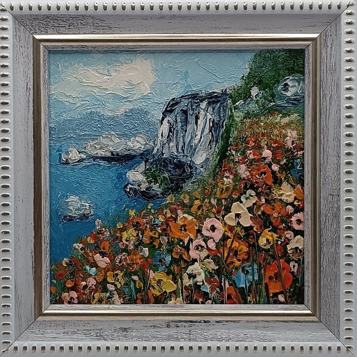 Original Coastal Floral Oil Painting Framed Miniature Seascape Impasto Art