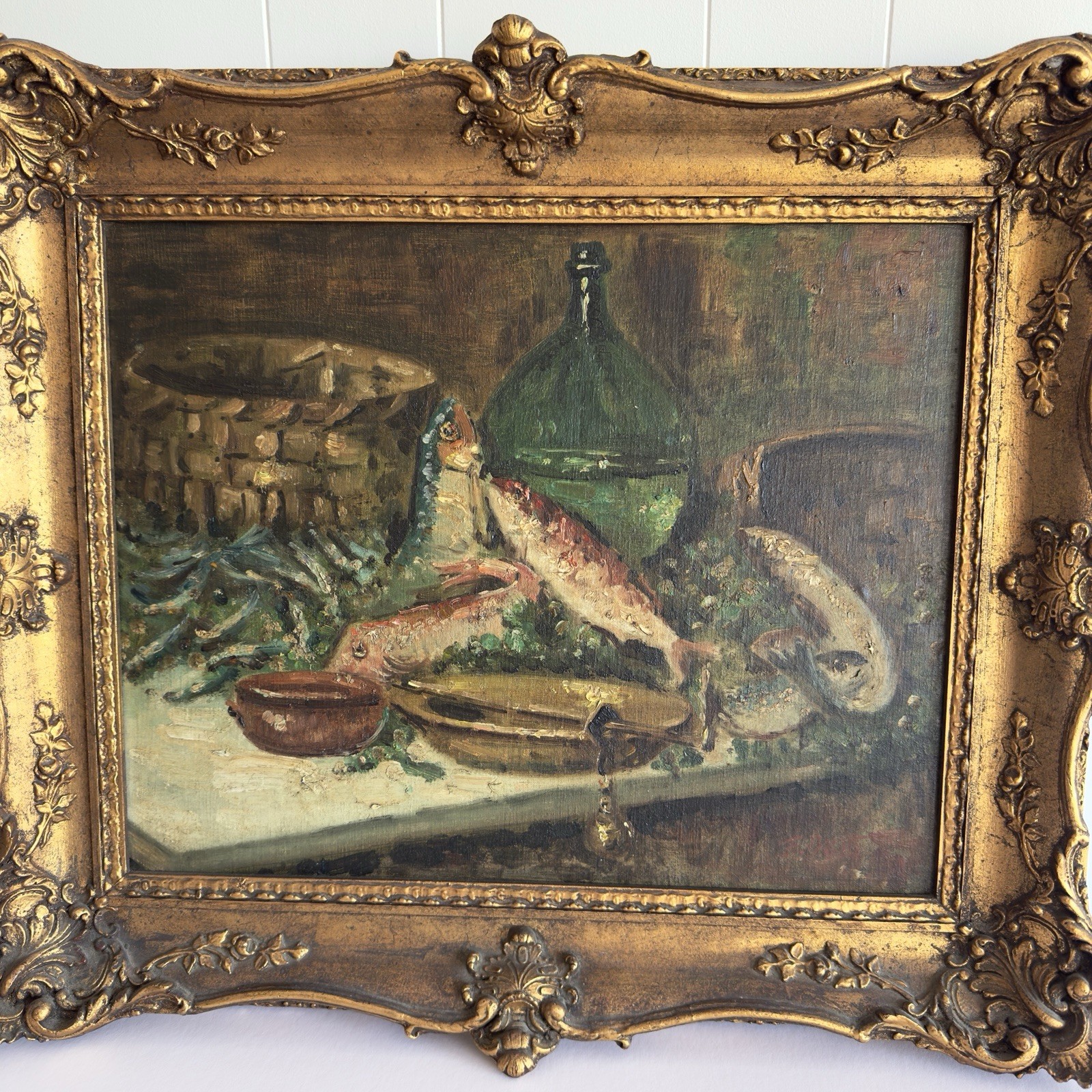 Listed Artist Italian Franco BETTI ~Still-Life Oil Painting Fish Bottle Basket