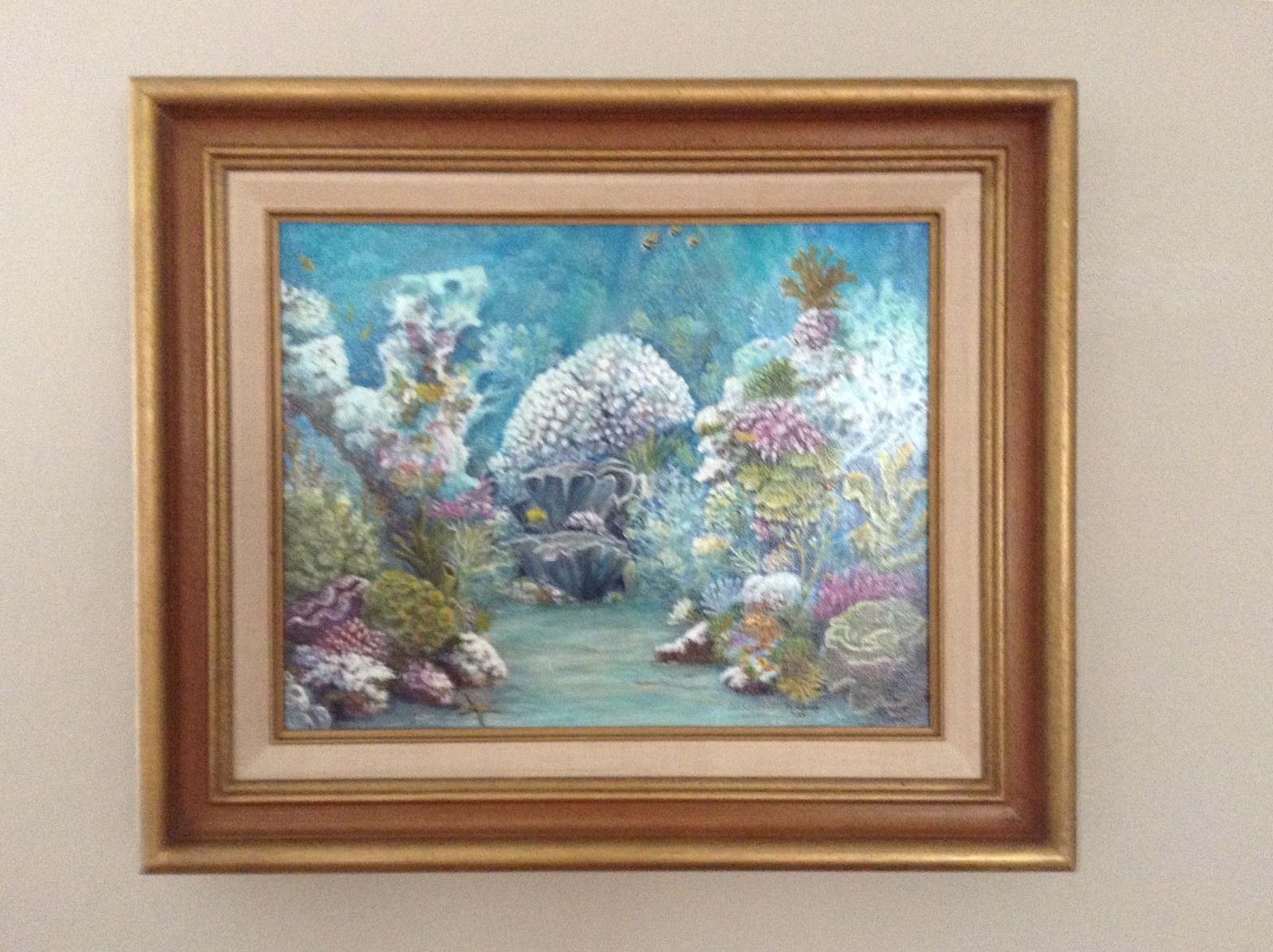 Original 14 x 11 Coral Seascape Framed Acrylic Canvas Wall Painting