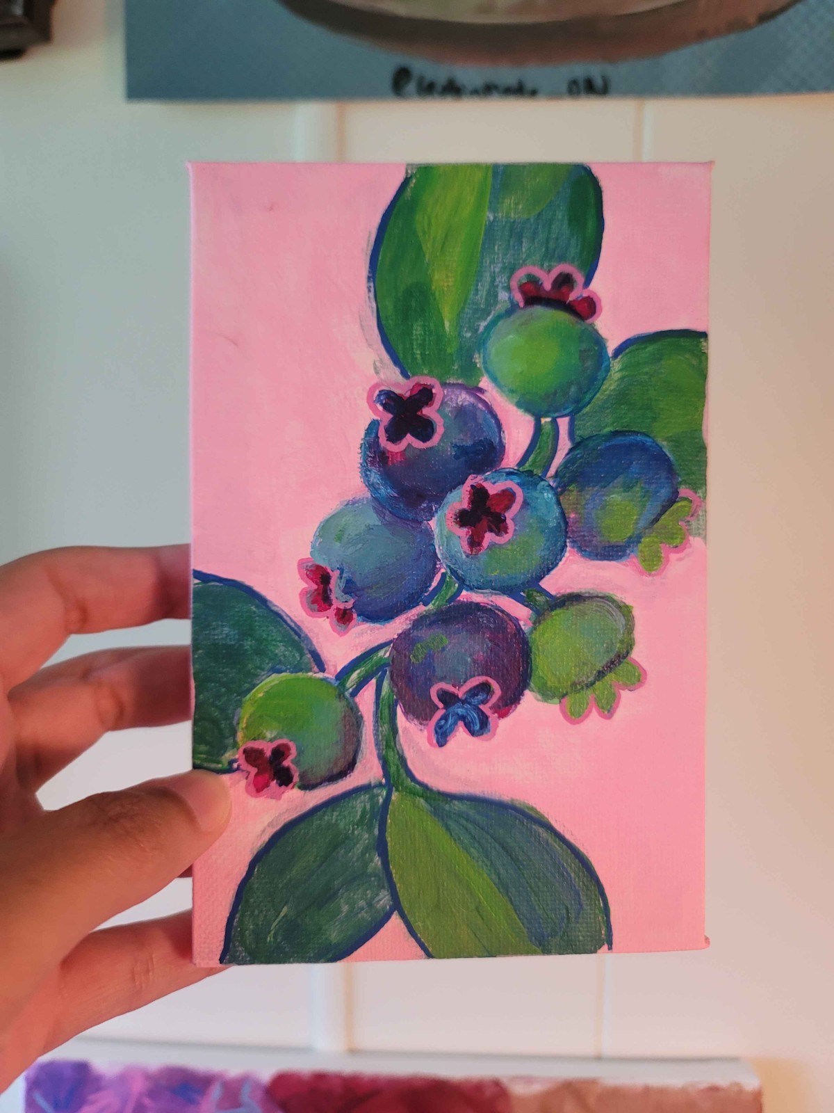 Original Painting Blueberries Branch, Kitchen Art Decor Acrylic On Canvas, 4x4in