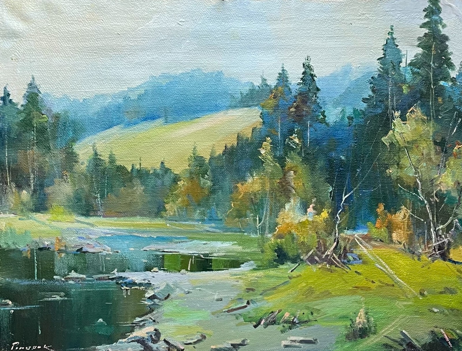 Oil painting River bend Ukrainian painter Canvas Framed original landscape