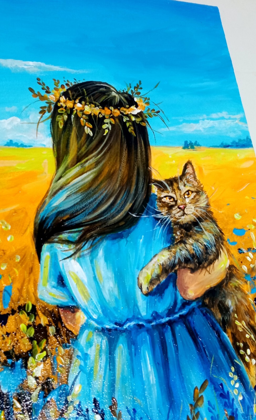 Ukrainian Patriotic Acrylic Painting, Woman with Cat, Blue and Yellow Artwork