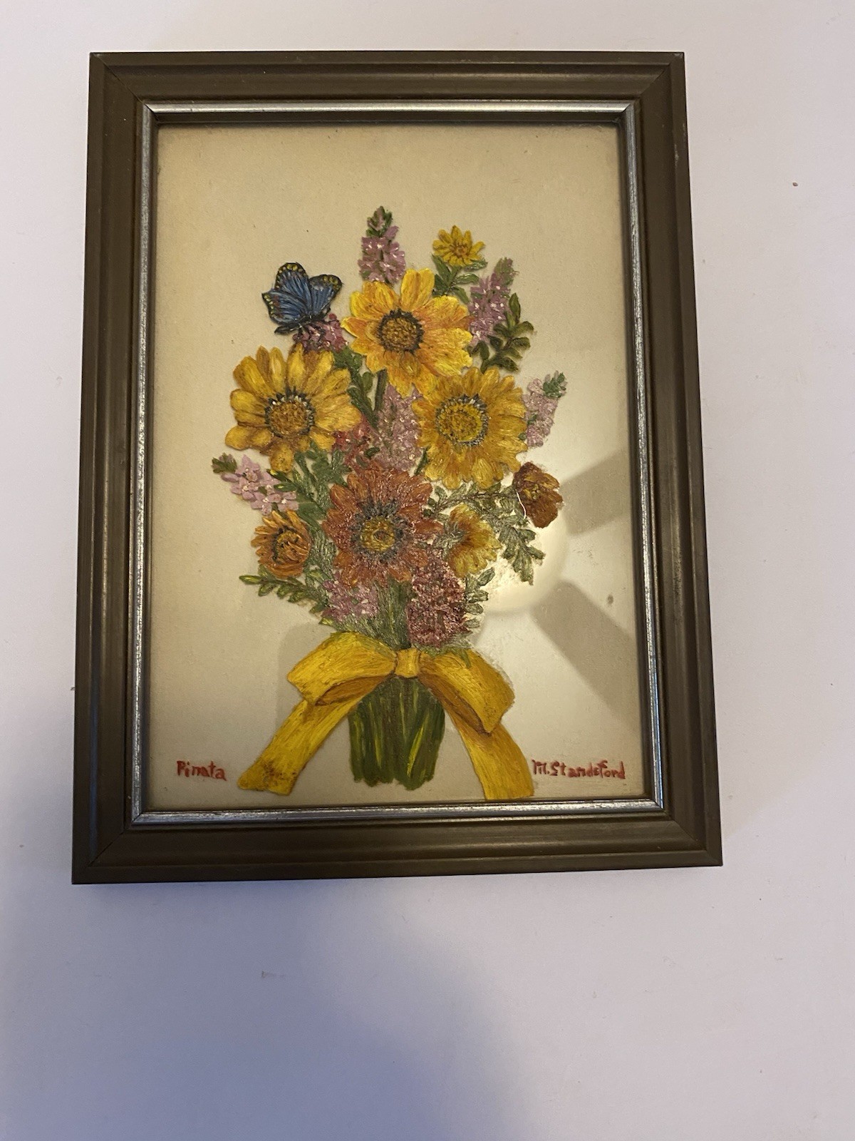 Vintage Framed Reverse Hand Painted Flowers on Glass Art with Butterfly